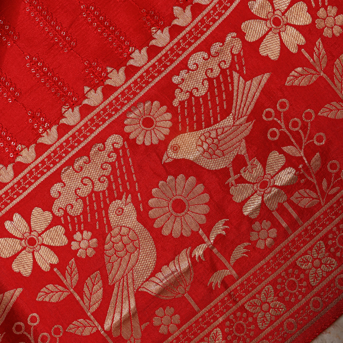 Tomato Sequin Leaf Stripe Embroidery Silk Fabric