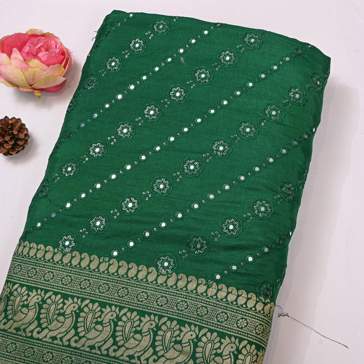 Emerald Mirror Work Floral Embroidery Silk Fabric