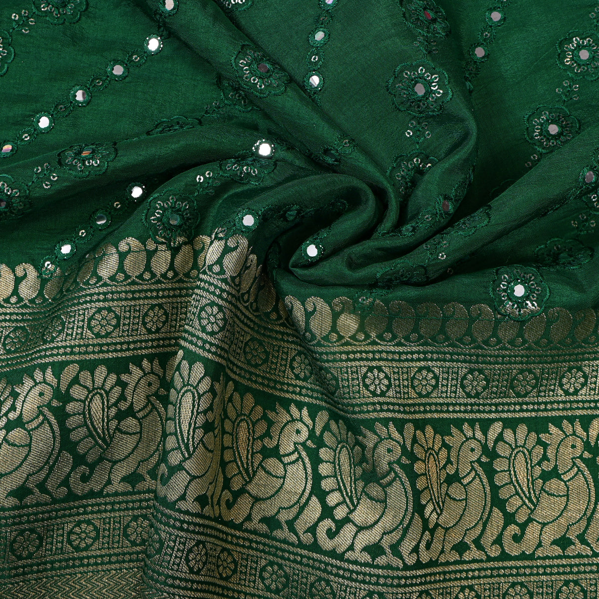 Emerald Mirror Work Floral Embroidery Silk Fabric