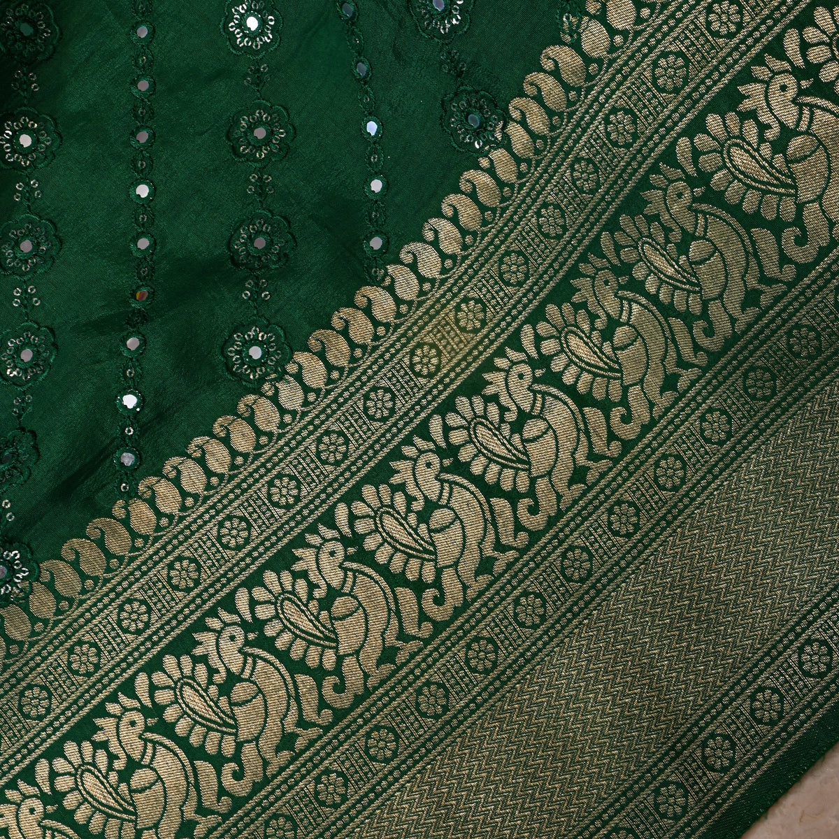 Emerald Mirror Work Floral Embroidery Silk Fabric