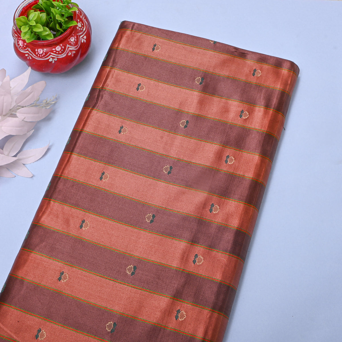 Cocoa Brown Gold Stripe Butti Self Weave Jamawar Silk Fabric