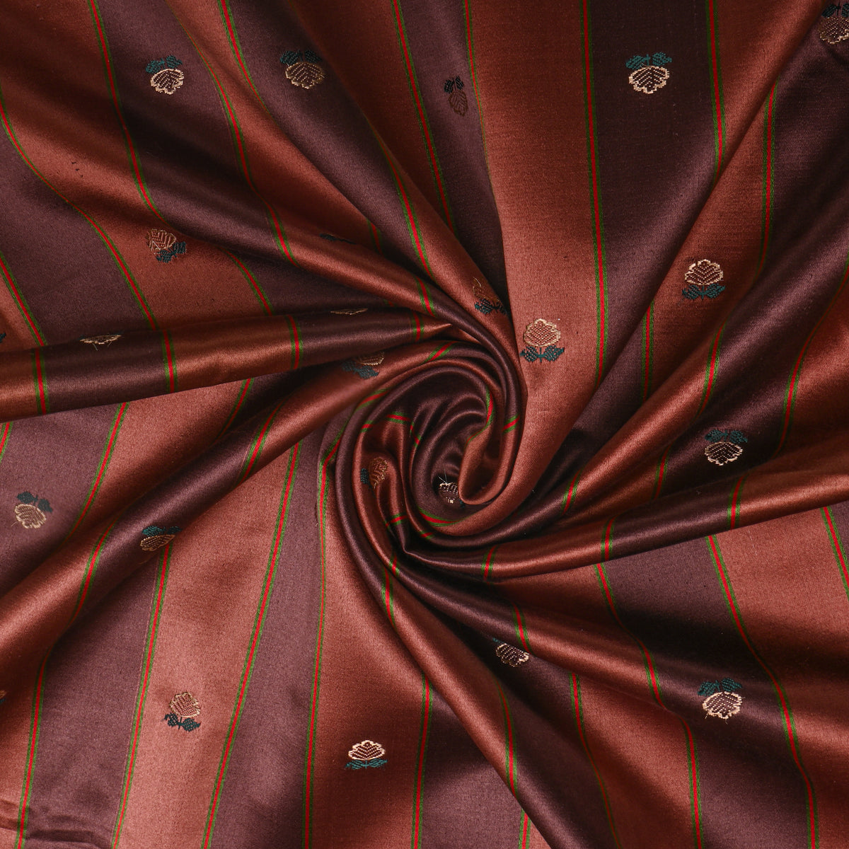 Cocoa Brown Gold Stripe Butti Self Weave Jamawar Silk Fabric
