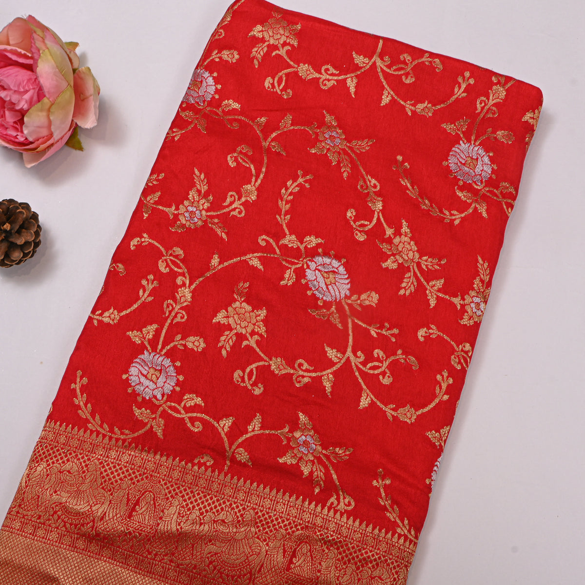Scarlet Dual Tone Floral Jaal Jamawar Silk Fabric