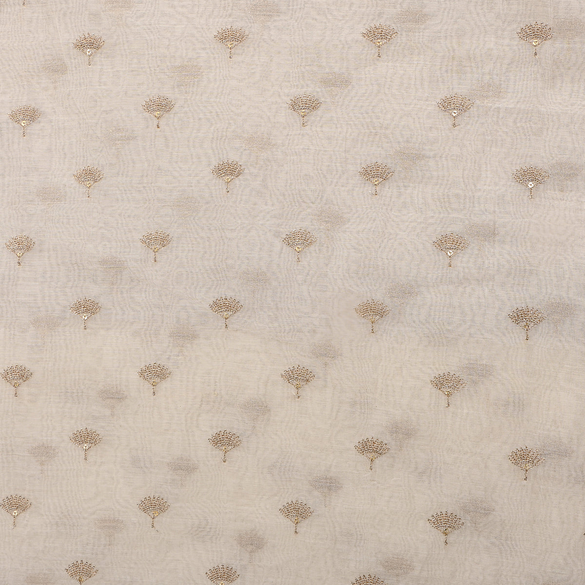 White Chanderi With Gold Butti And Thin Gold Border