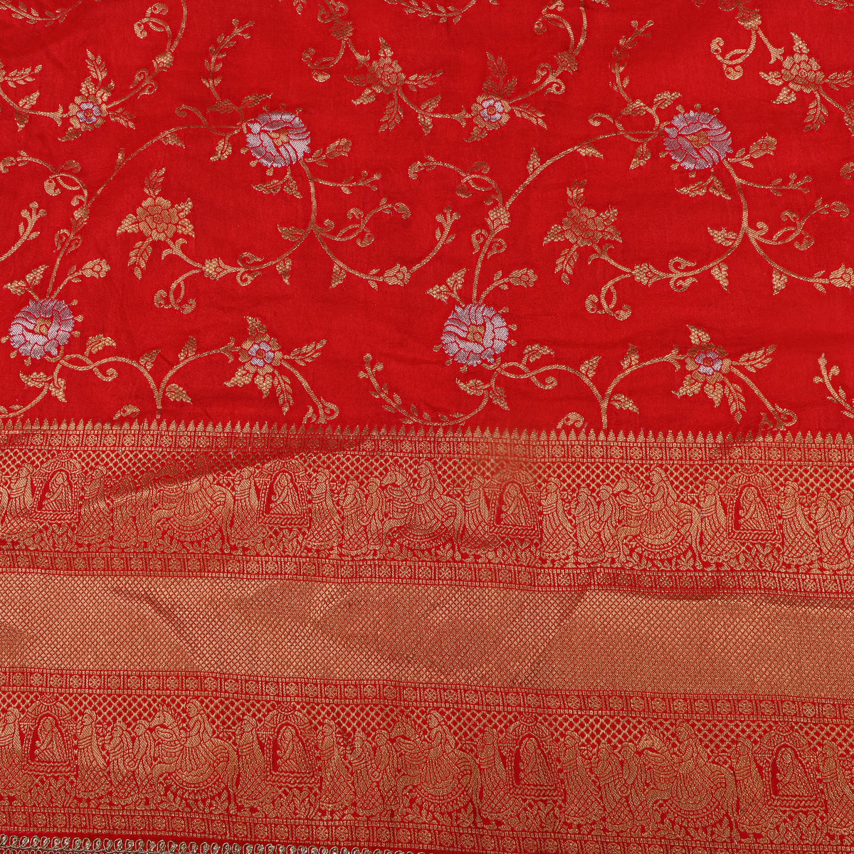 Scarlet Dual Tone Floral Jaal Jamawar Silk Fabric