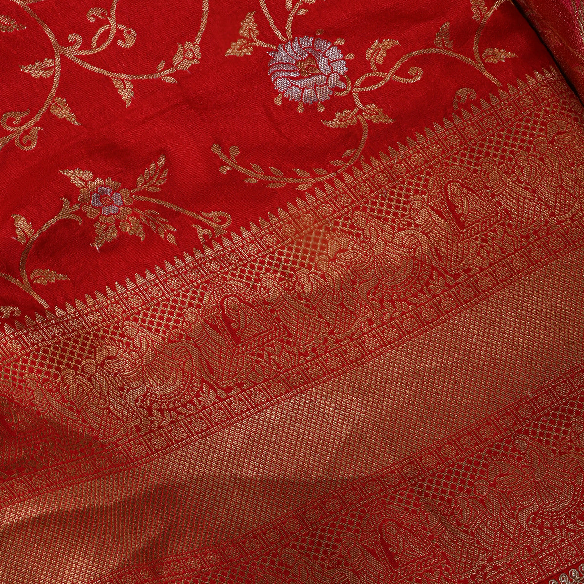 Scarlet Dual Tone Floral Jaal Jamawar Silk Fabric