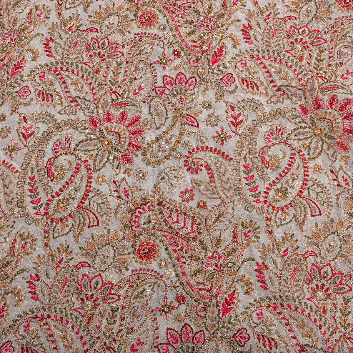 Ivory White Paisley Floral Embroidery Georgette Fabric