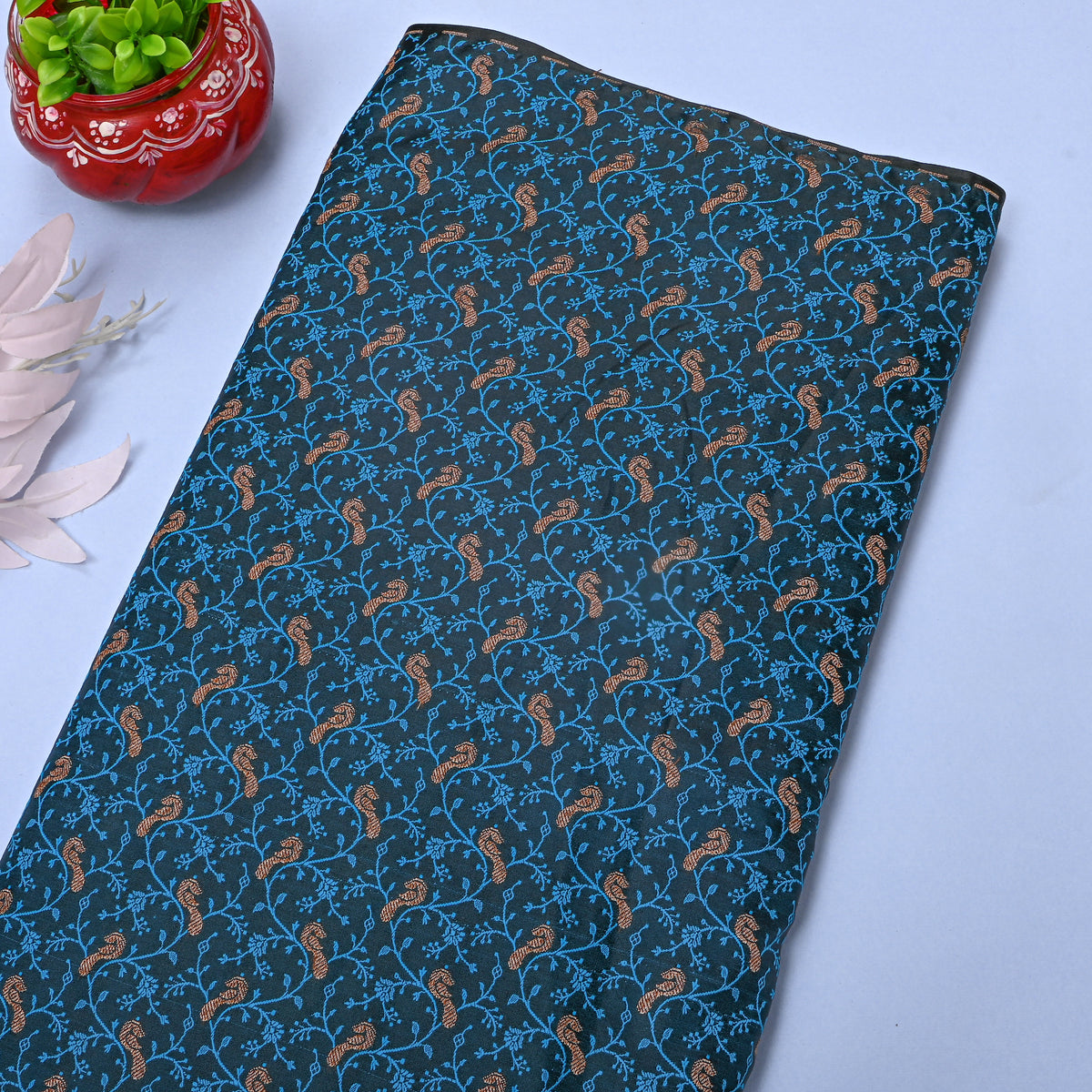 Ink Blue Orange Gold Zari Geometric Jaal Banarasi Silk Fabric