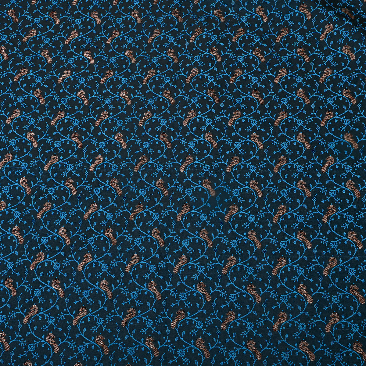 Ink Blue Orange Gold Zari Geometric Jaal Banarasi Silk Fabric