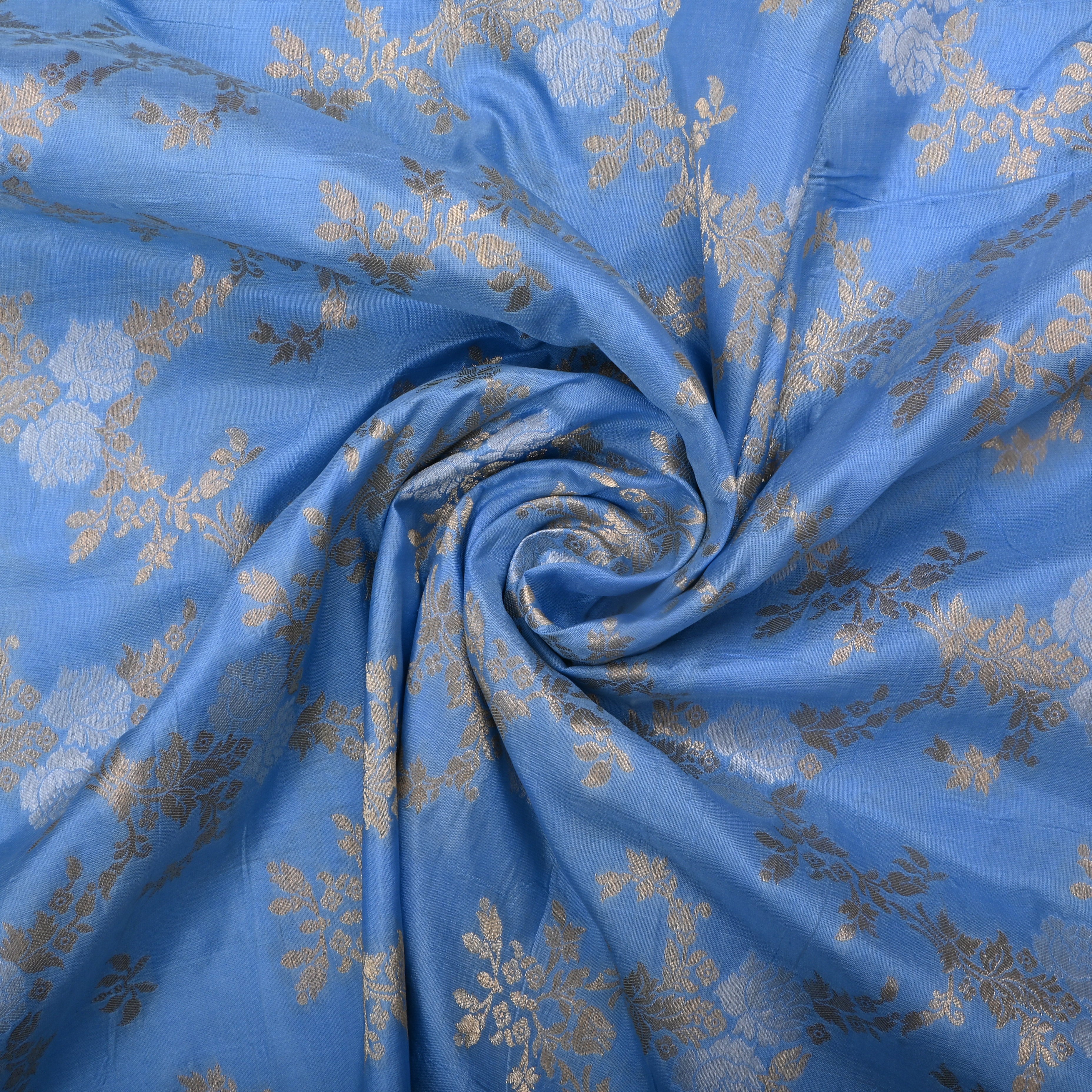 Cornflower Blue Jamawar Silk Fabric With Floral Jaal