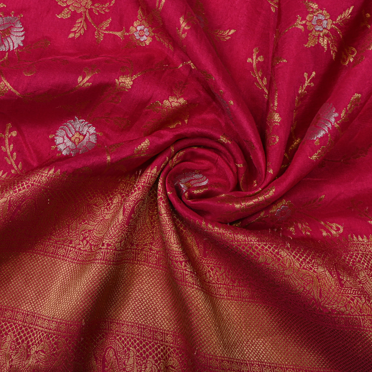 Cherry Dual Tone Floral Jaal Jamawar Silk Fabric