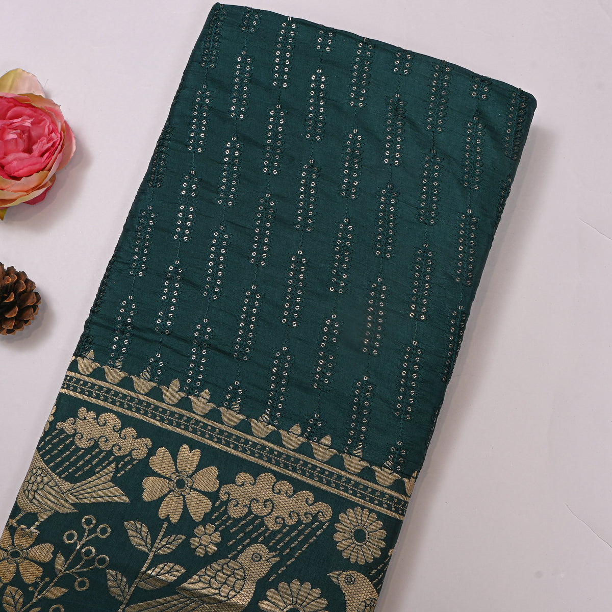 Bottle Green Sequin Leaf Stripe Embroidery Silk Fabric