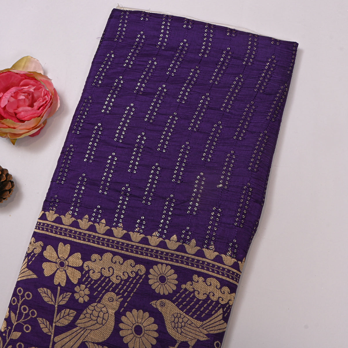 Grape Sequin Leaf Stripe Embroidery Silk Fabric