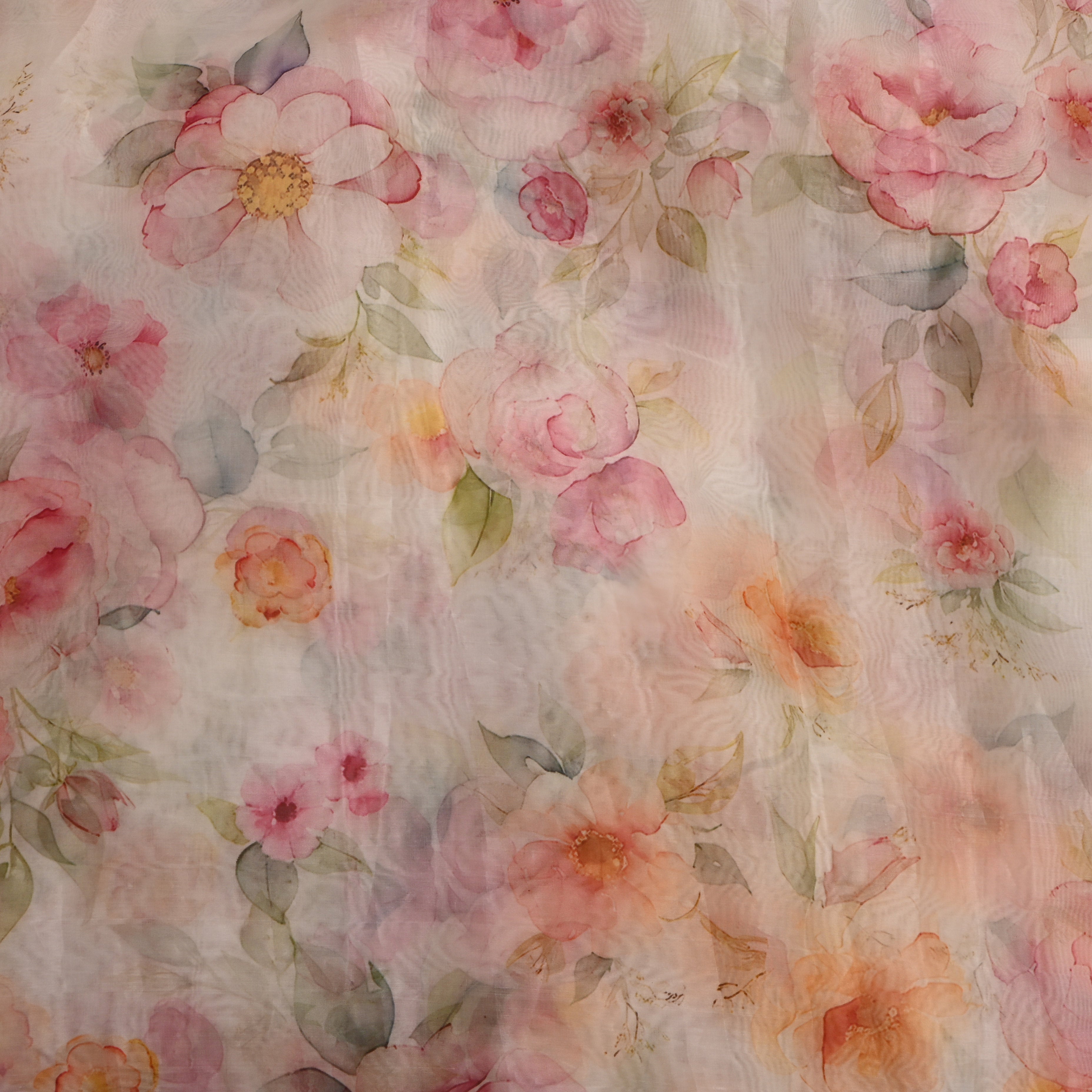 White Multicolour Floral Printed Organza Fabric
