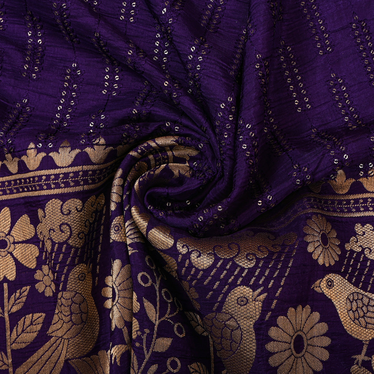 Grape Sequin Leaf Stripe Embroidery Silk Fabric