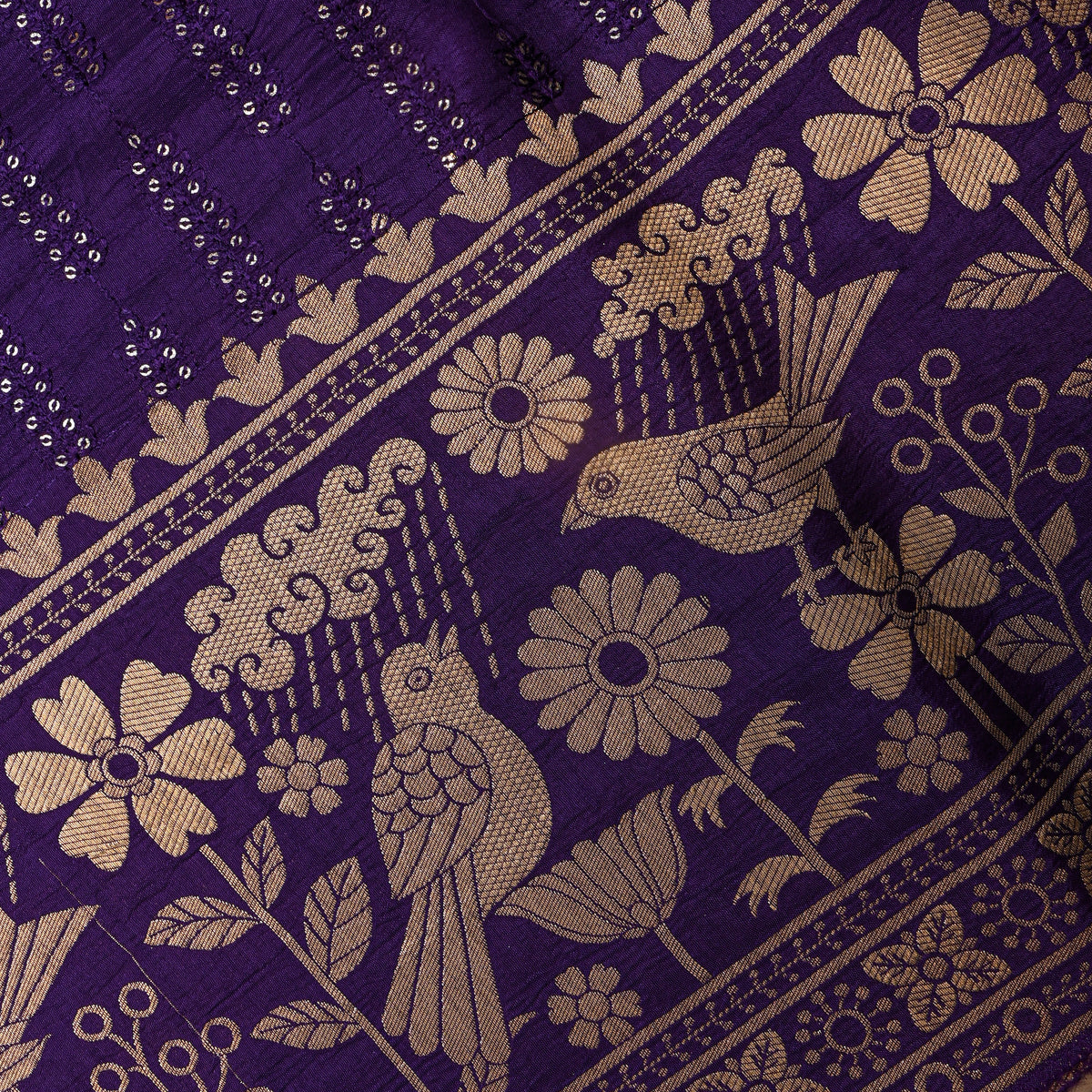 Grape Sequin Leaf Stripe Embroidery Silk Fabric