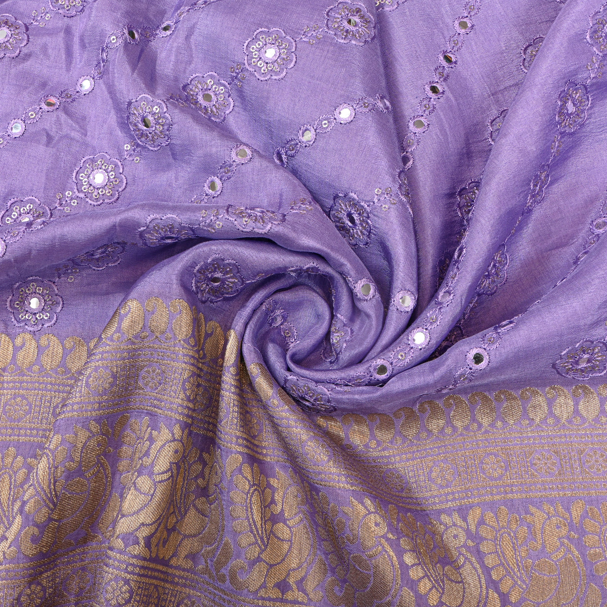 Lilac Mirror Work Floral Embroidery Silk Fabric