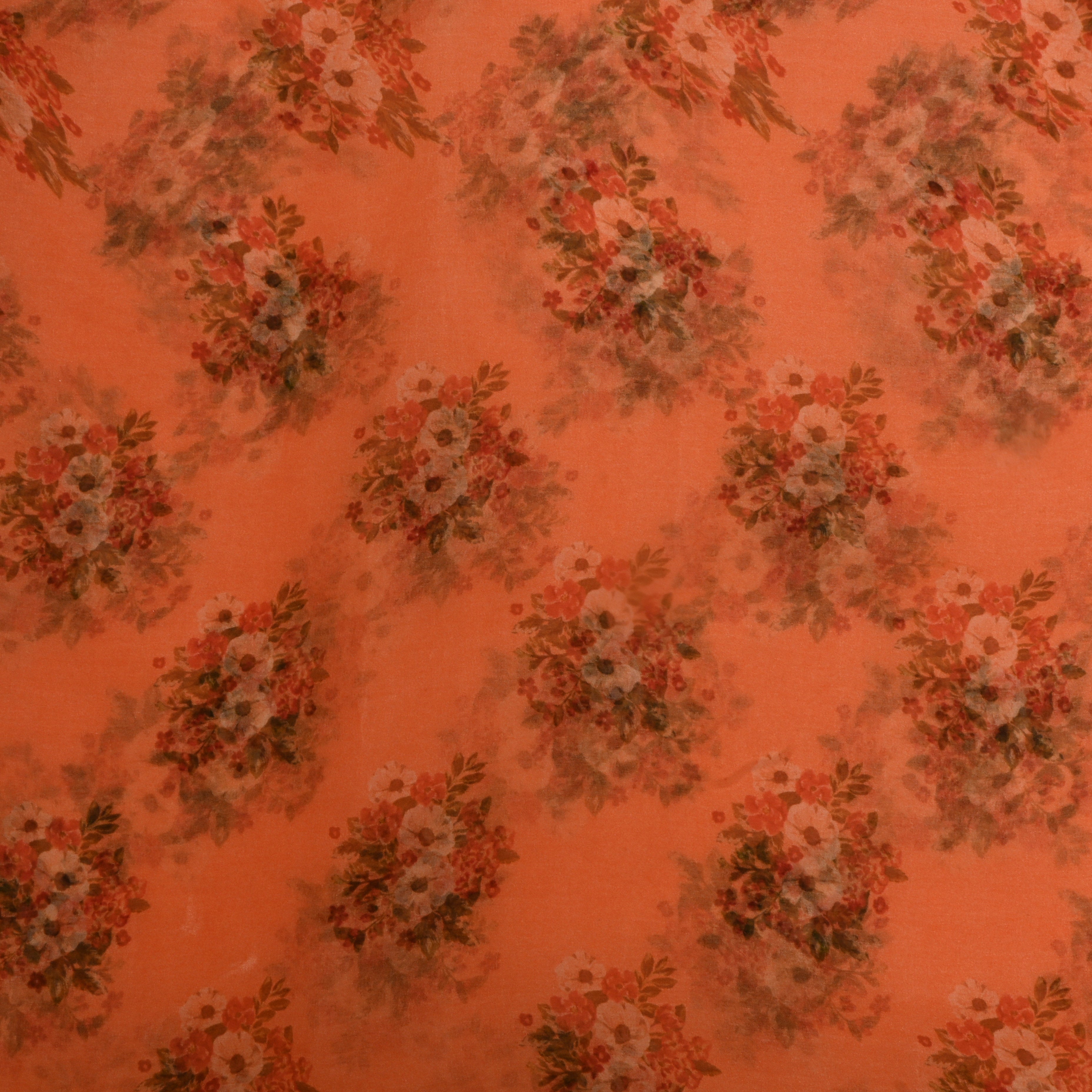 Peach Orange Floral Printed Organza Fabric