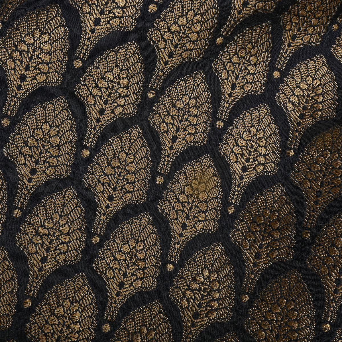 Jet Black Zari Brocade Self Weave Banarasi Silk Fabric