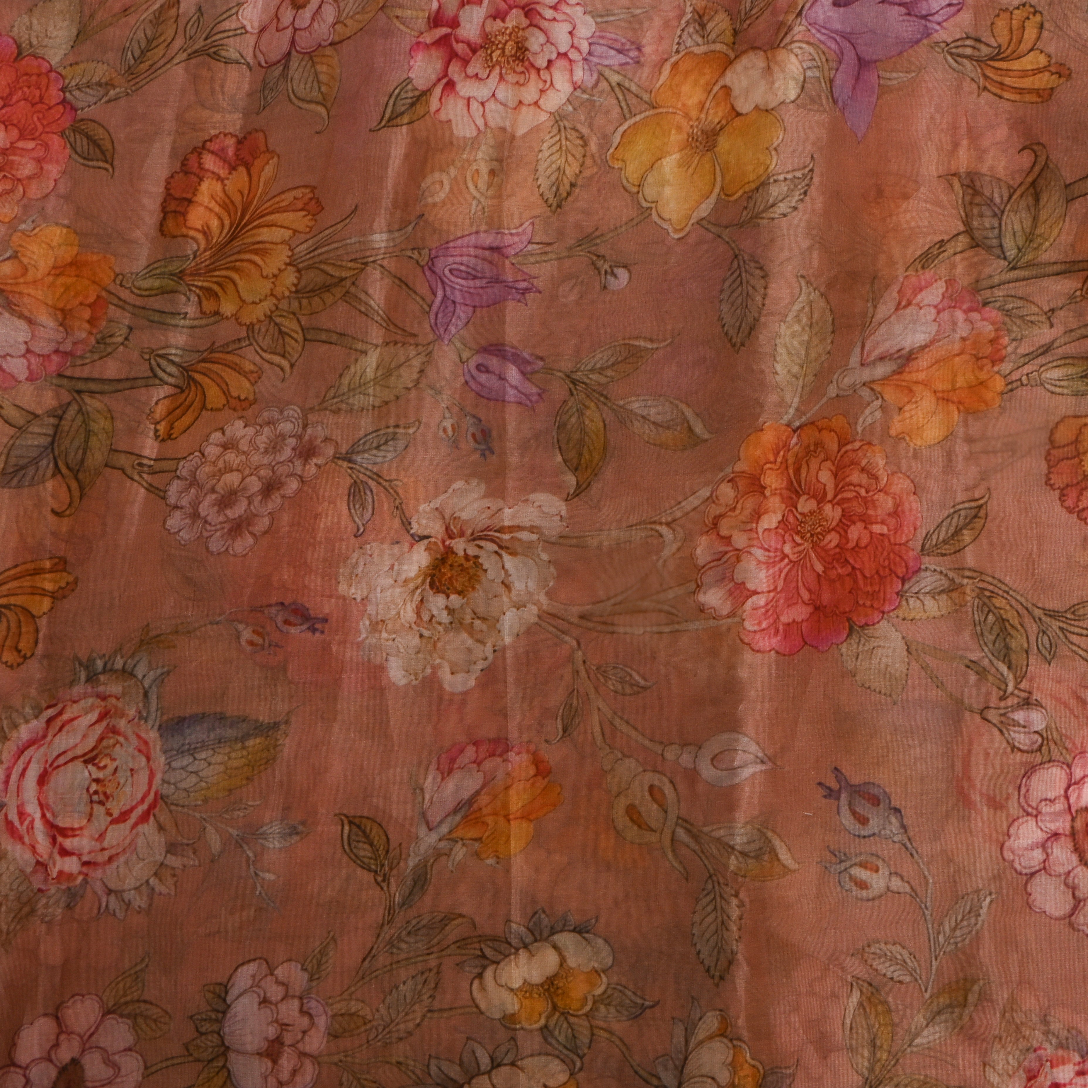 Golden Pink Floral Printed Organza Fabric