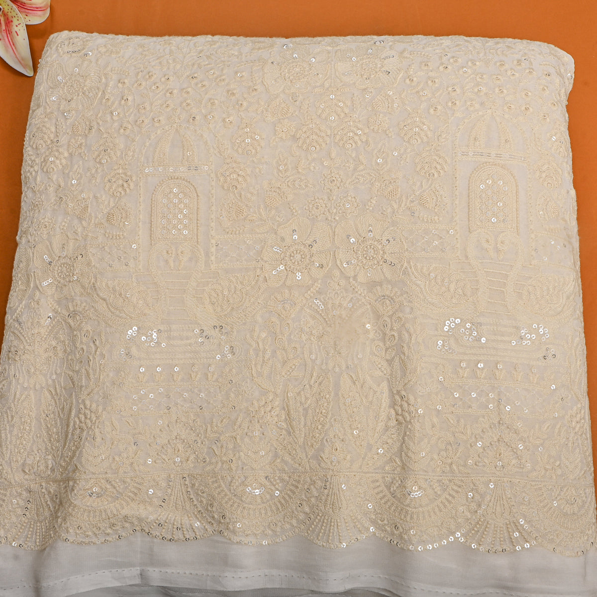 Biscuit Cream Floral Sequin Embroidery Georgette Fabric