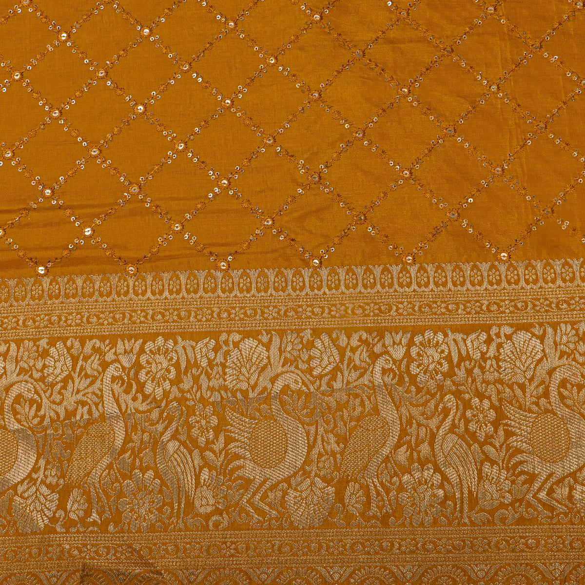 Turmeric Sequin Trellis Embroidery Silk Fabric