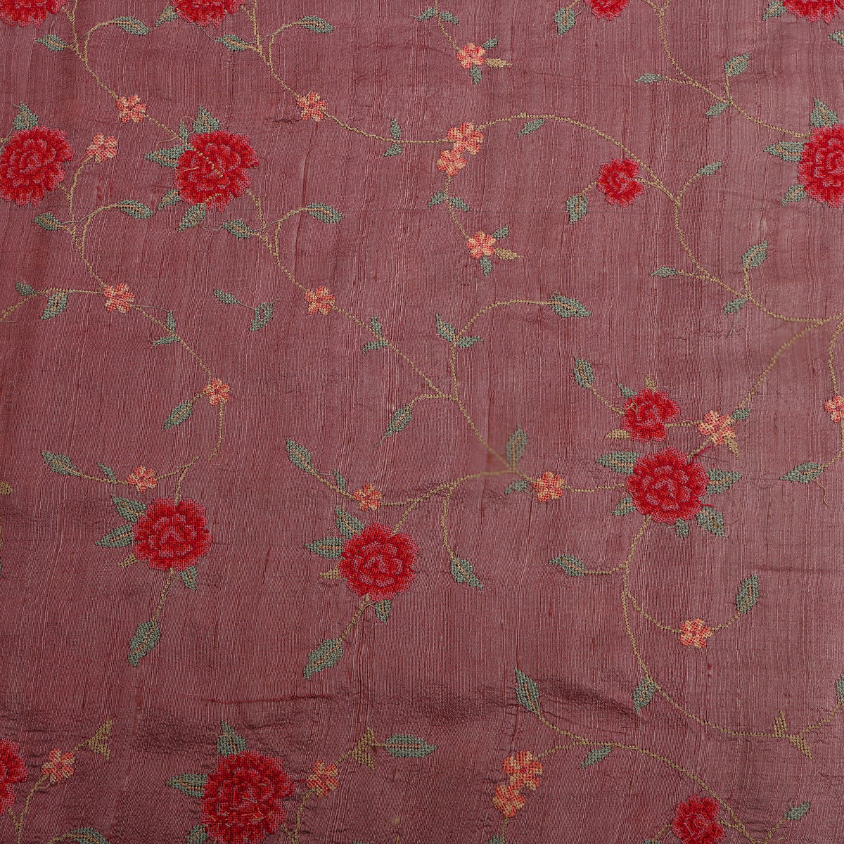 Purple Floral Jaal Thread Work Raw Silk Fabric
