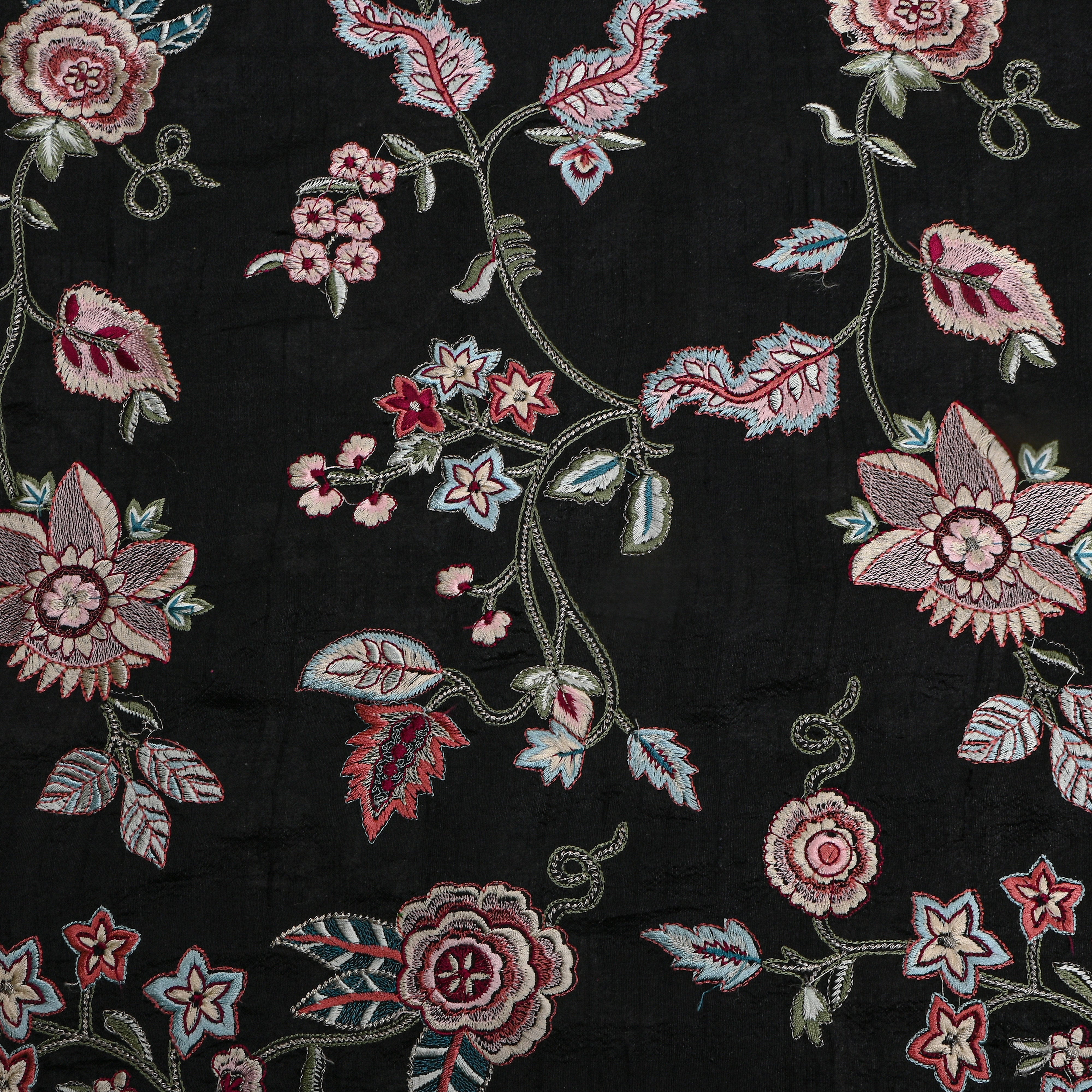 Black Floral Thread Work Raw Silk