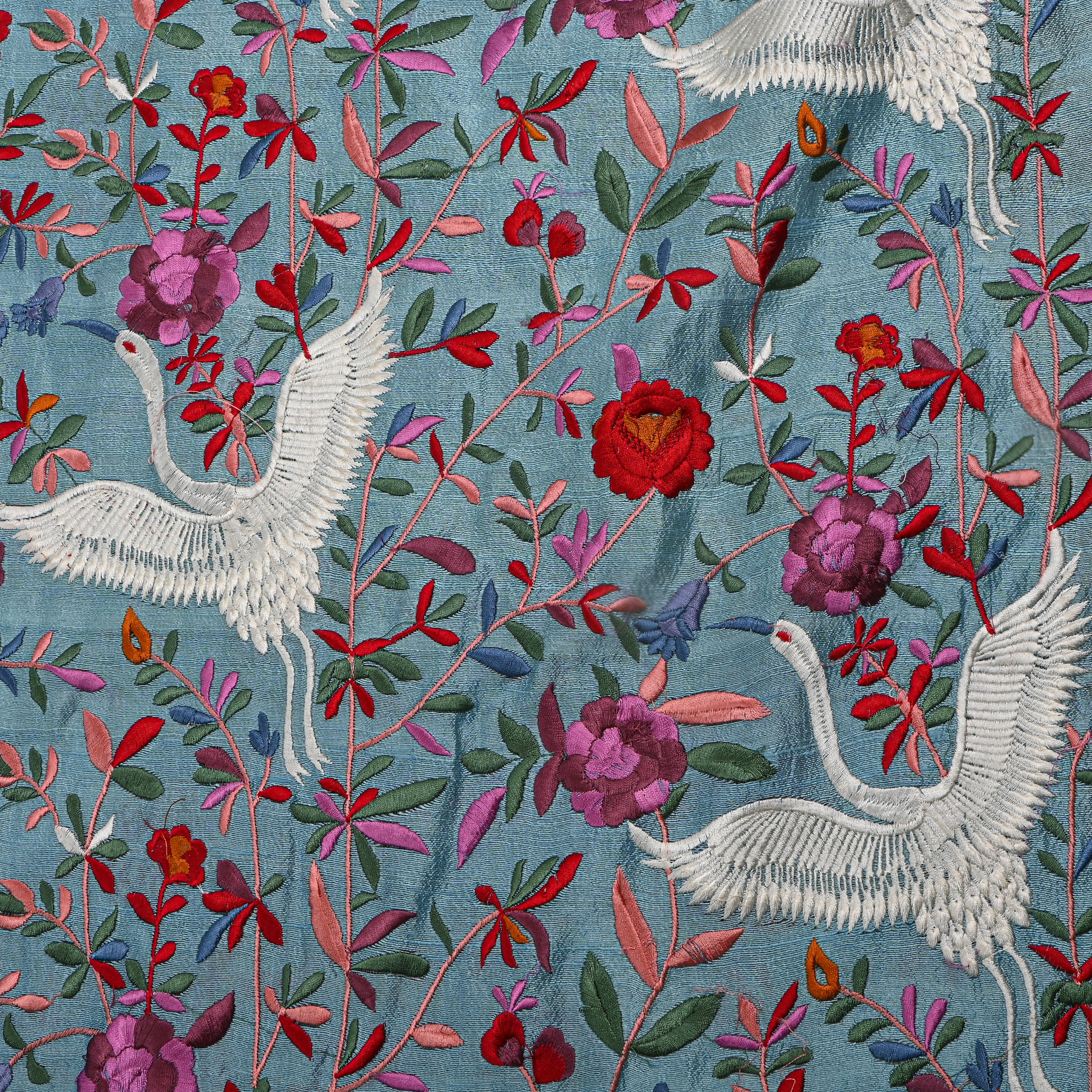 Light Blue Colourful Thread Embroidery Floral Jaal Raw Silk Fabric