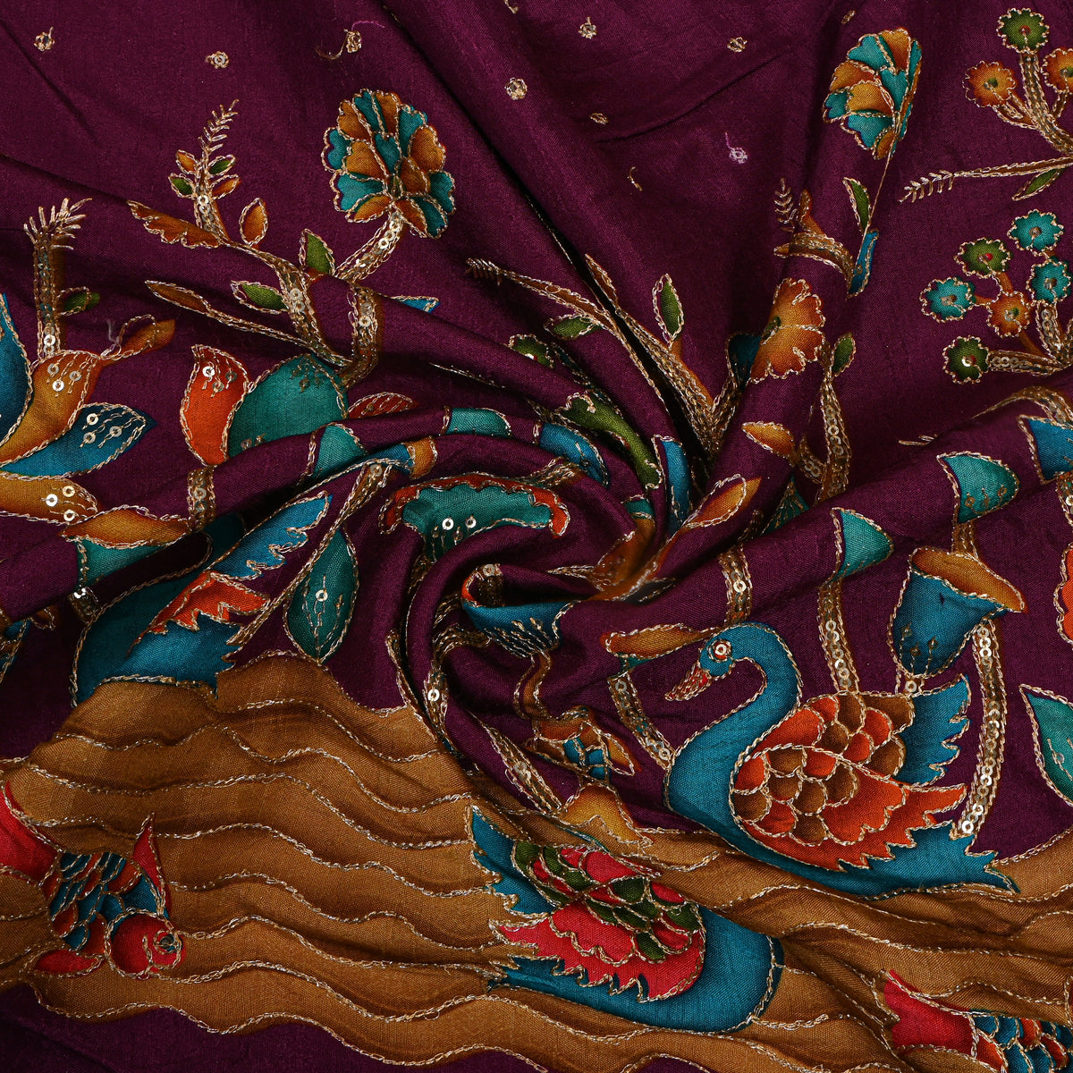 Burgundy Swan Lotus Sequin Printed Embroidery Dupion Silk Fabric