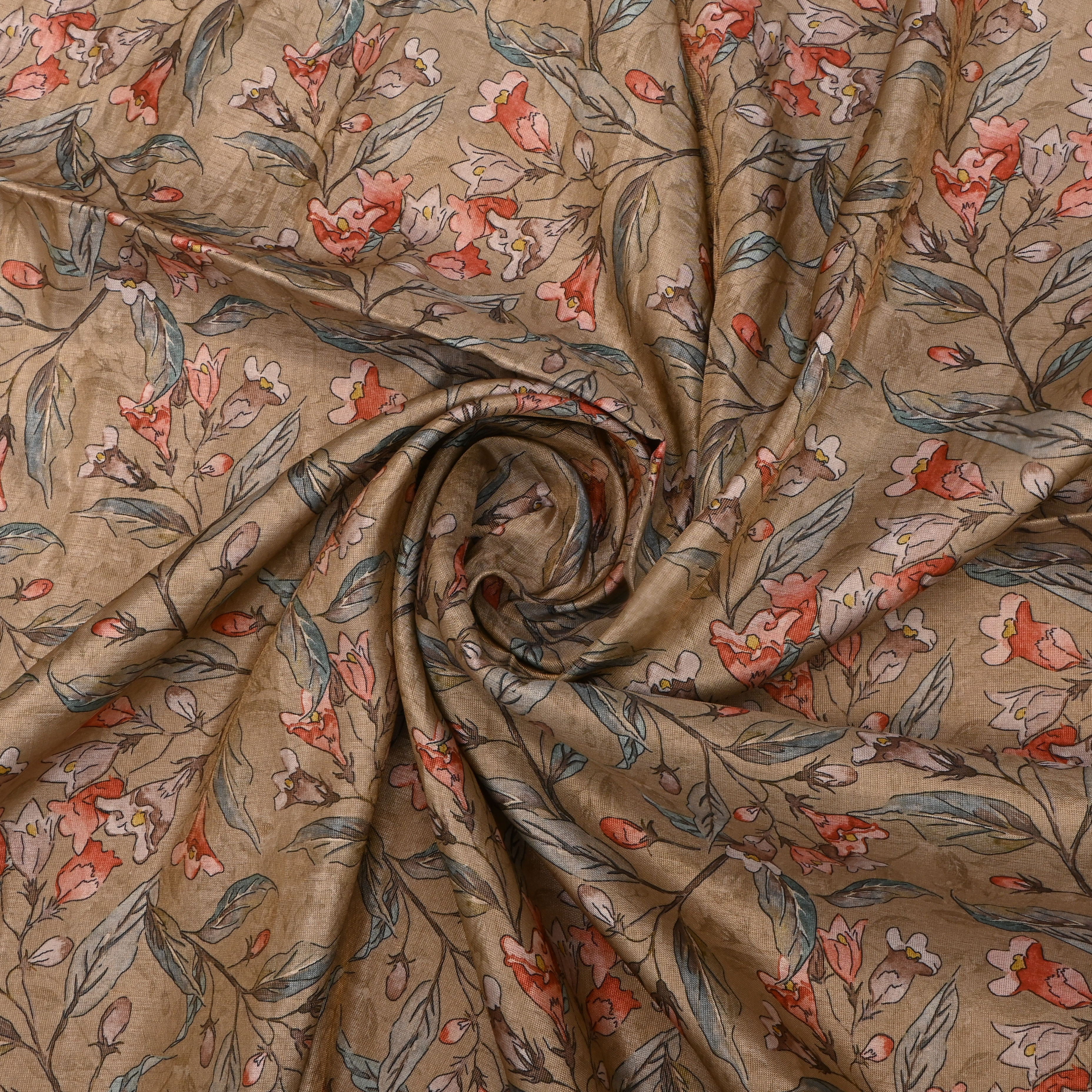 Chocolate Coffee Brown Tissue Fabric With Floral Prints