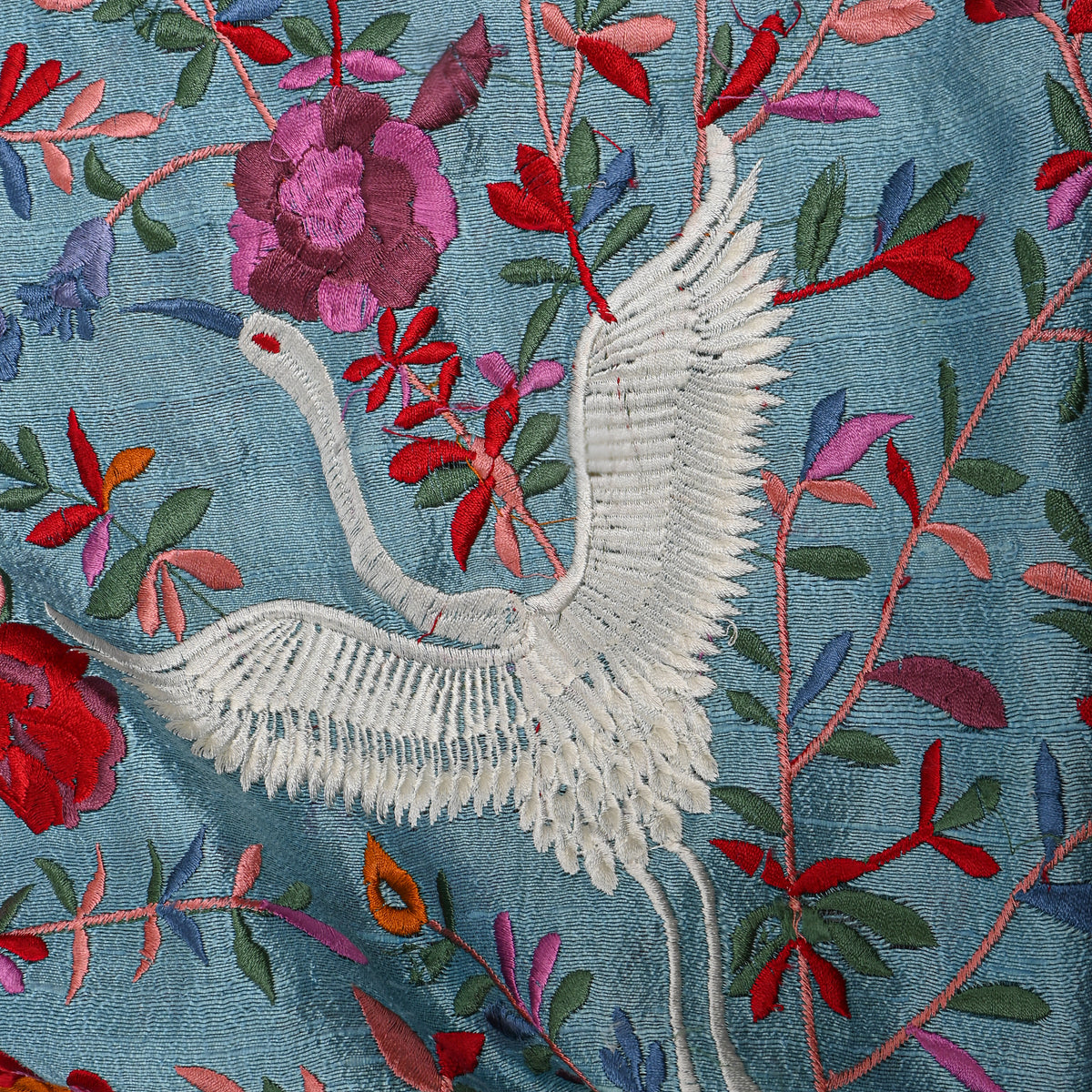 Light Blue Colourful Thread Embroidery Floral Jaal Raw Silk Fabric