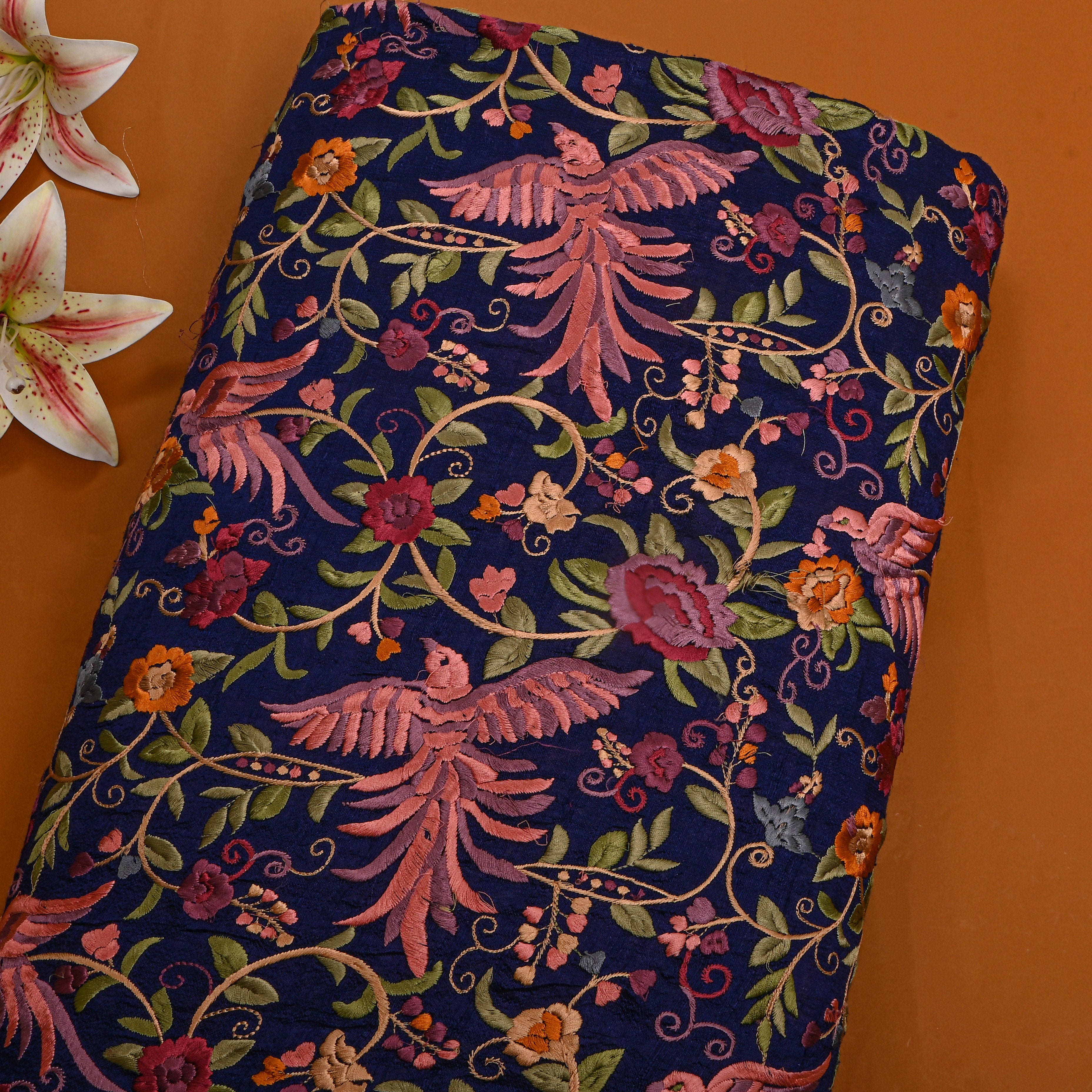 Dark Navy Blue Colourful Thread Embroidery Floral Jaal Raw Silk Fabric