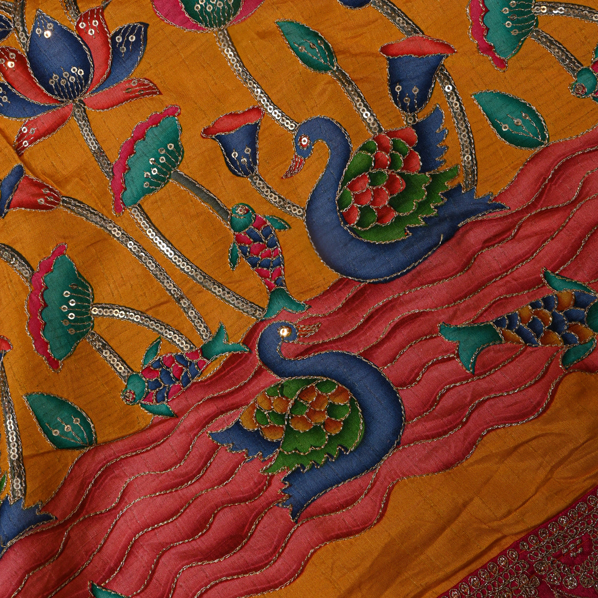Amber Yellow Swan Lotus Sequin Printed Embroidery Dupion Silk Fabric