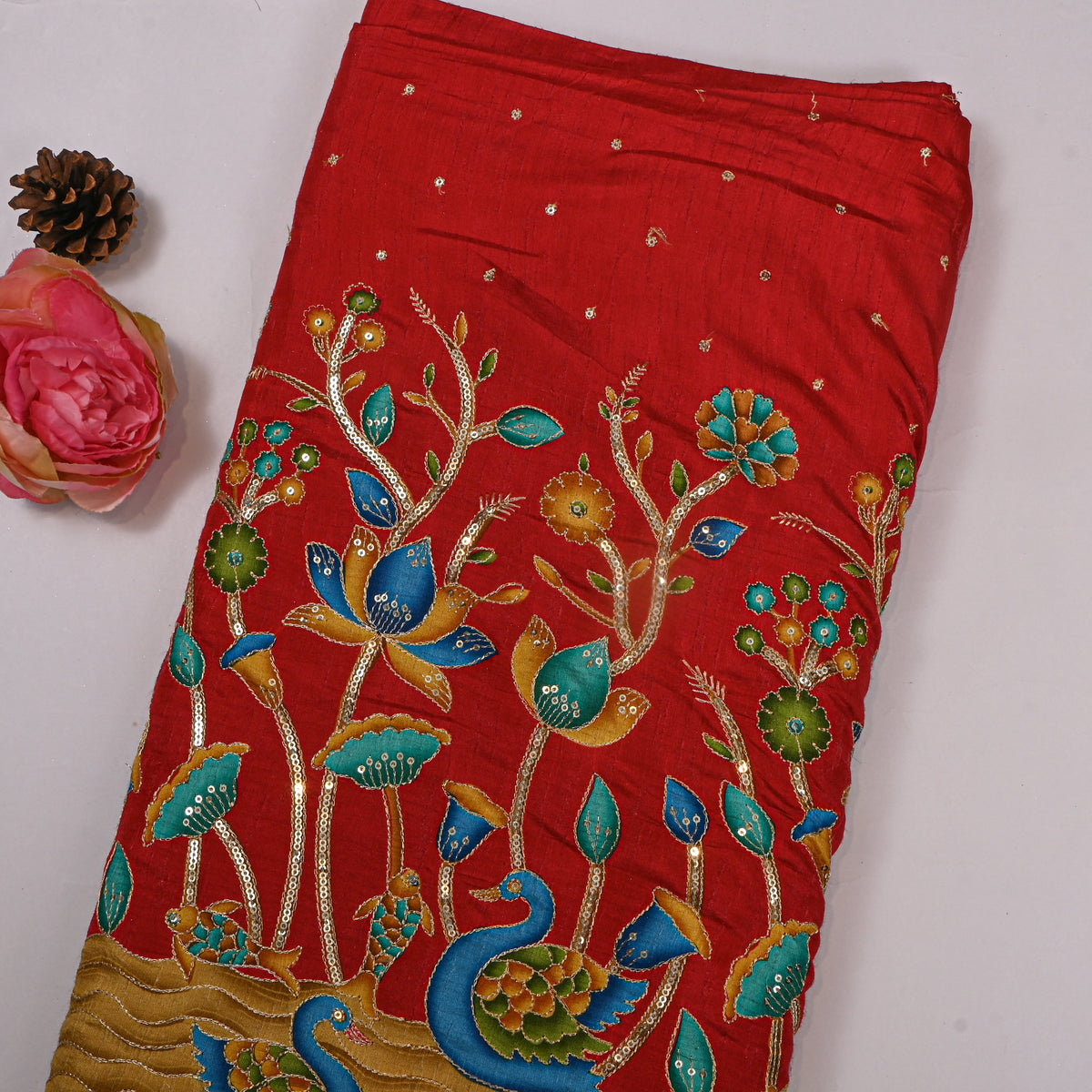 Garnet Red Swan Lotus Sequin Printed Embroidery Dupion Silk Fabric