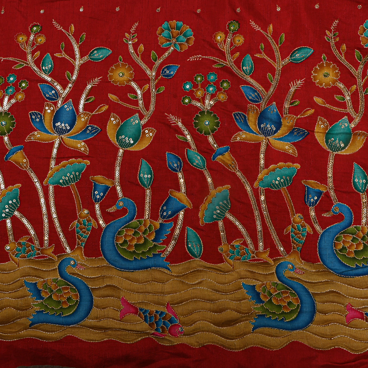 Garnet Red Swan Lotus Sequin Printed Embroidery Dupion Silk Fabric