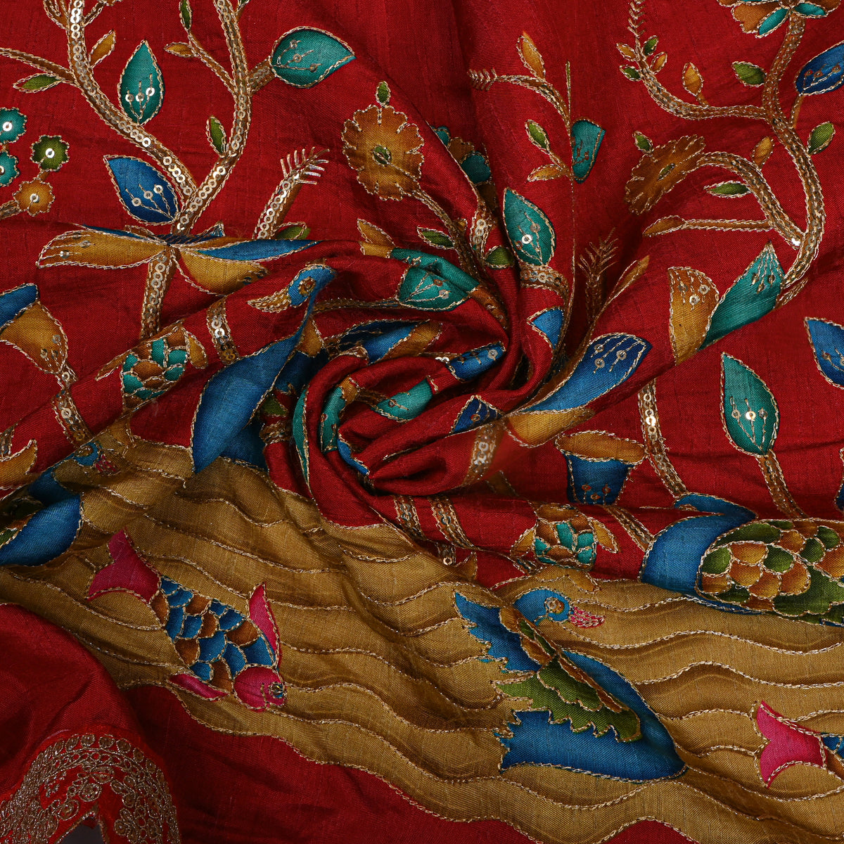 Garnet Red Swan Lotus Sequin Printed Embroidery Dupion Silk Fabric