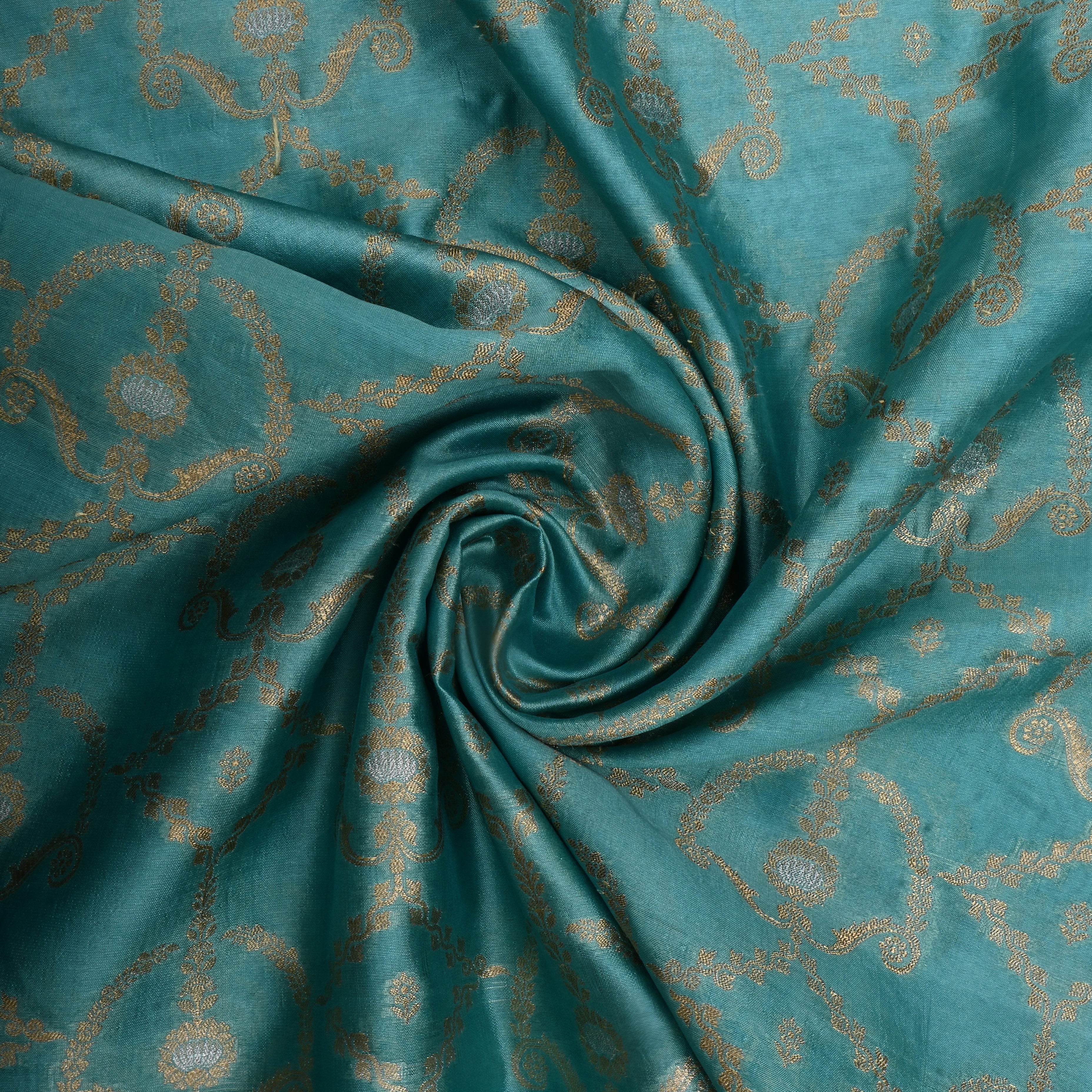Sea Turtle Green Jamawar Silk Fabric With Woven Patterns