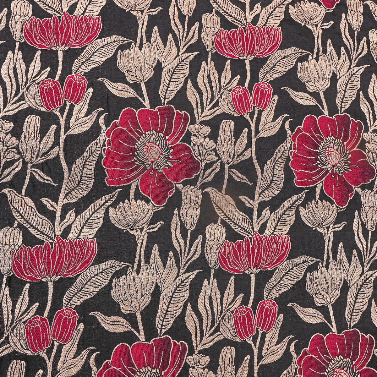 Ink Black Gold Zari Poppy Floral Jamawar Silk Fabric