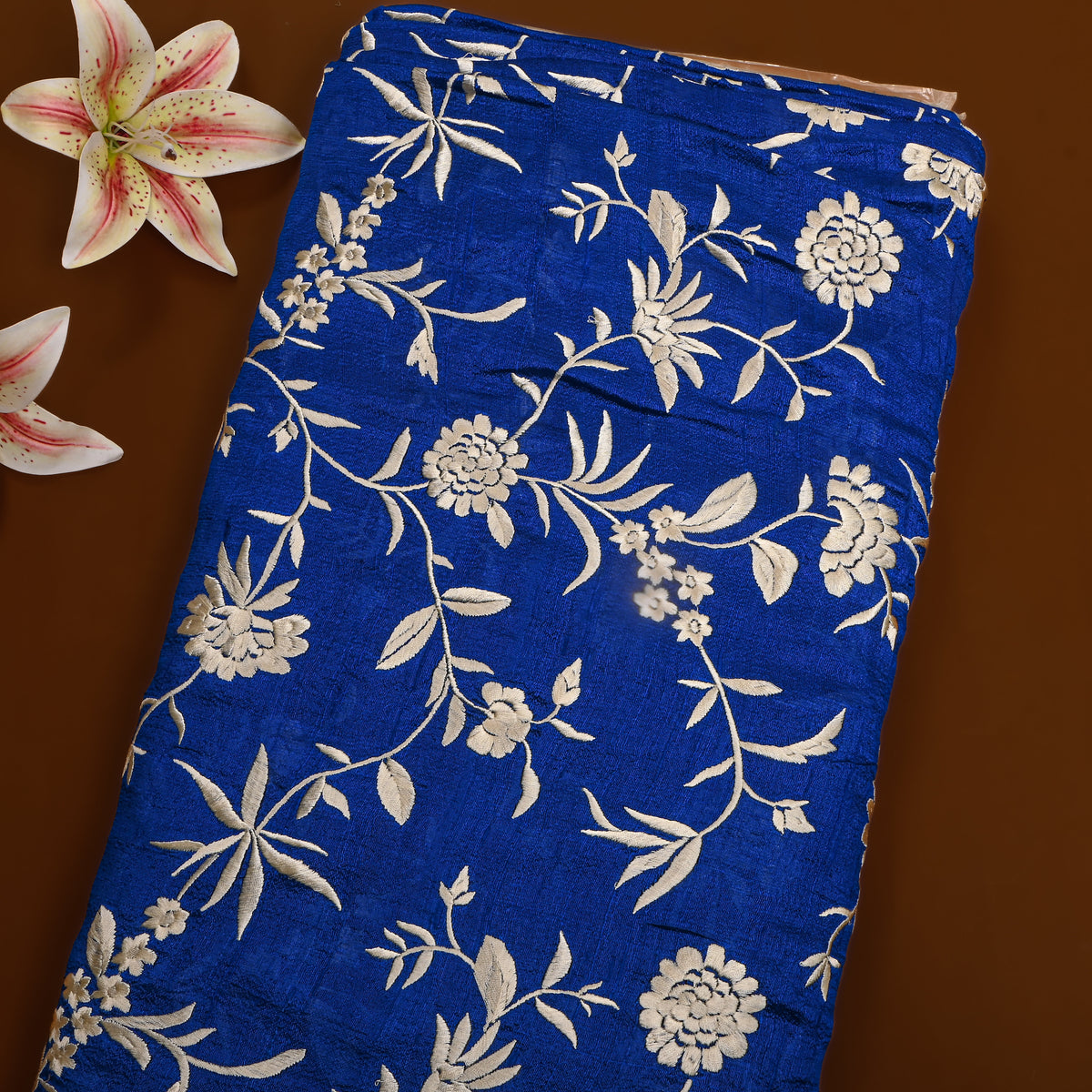 Cobalt Blue Floral Jaal Thread Work Raw Silk Fabric