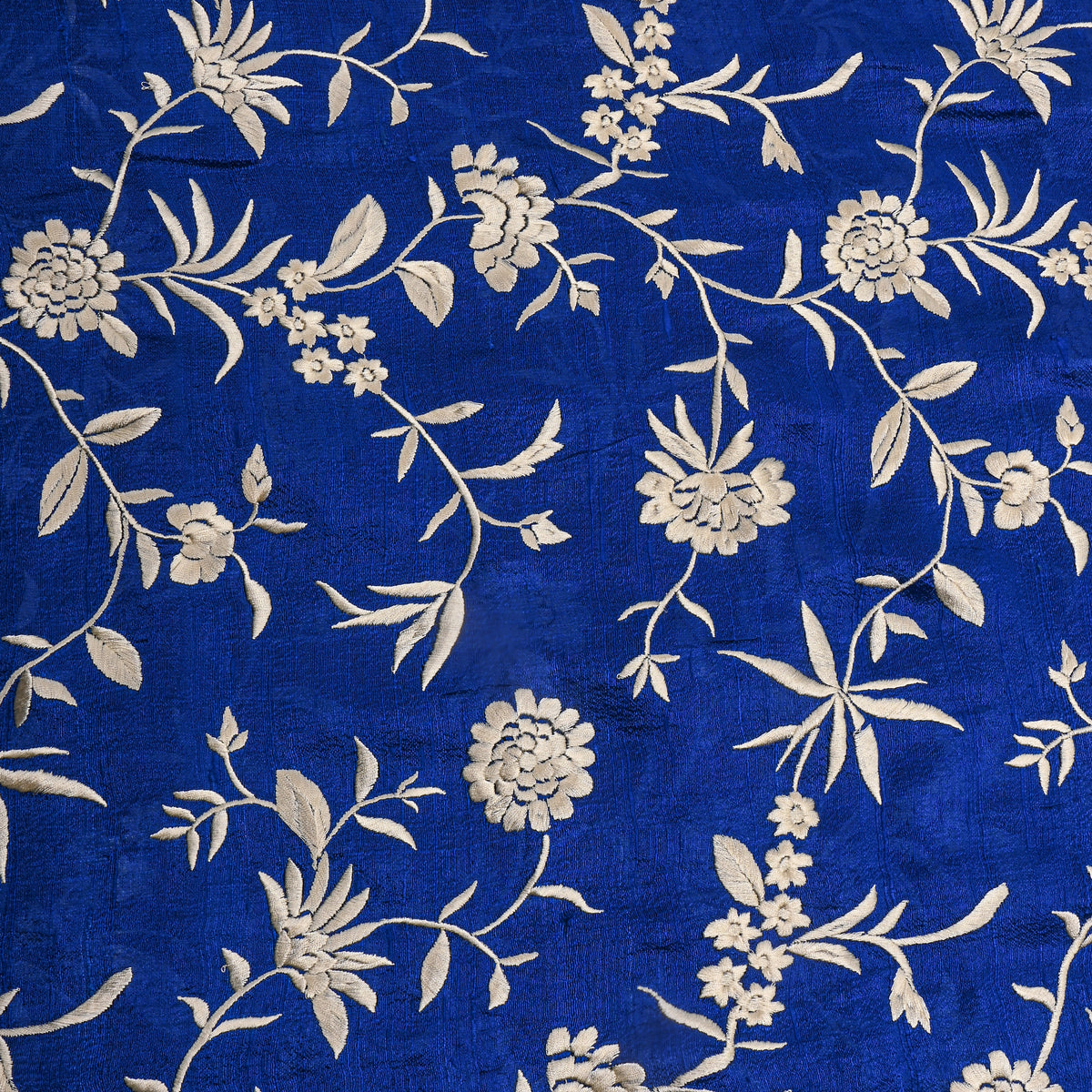 Cobalt Blue Floral Jaal Thread Work Raw Silk Fabric