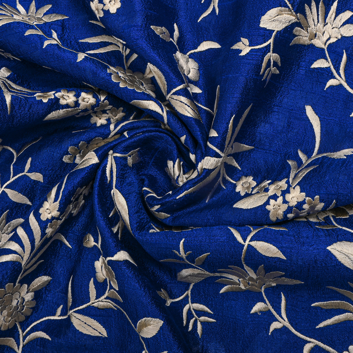 Cobalt Blue Floral Jaal Thread Work Raw Silk Fabric
