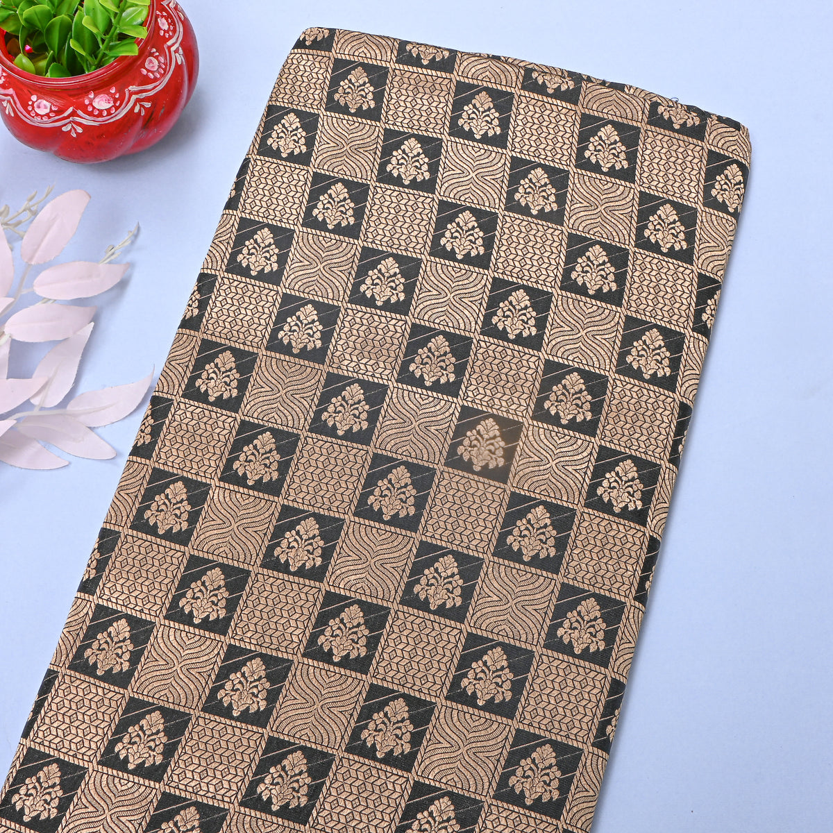 Charcoal Gold Zari Geometric Check Jamawar Silk Fabric