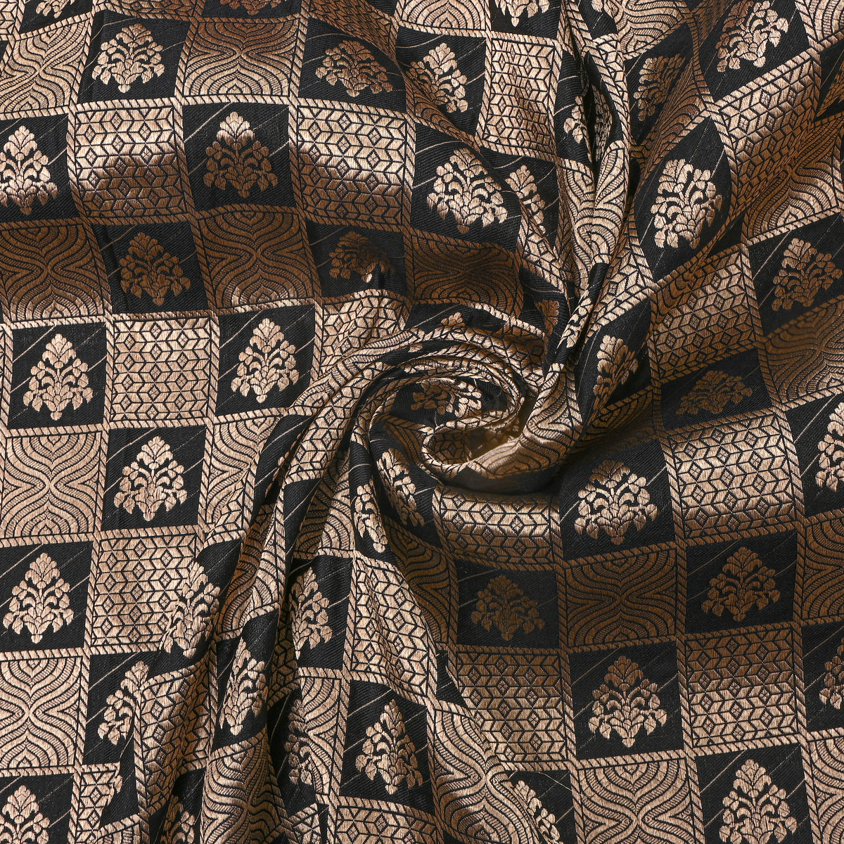 Charcoal Gold Zari Geometric Check Jamawar Silk Fabric
