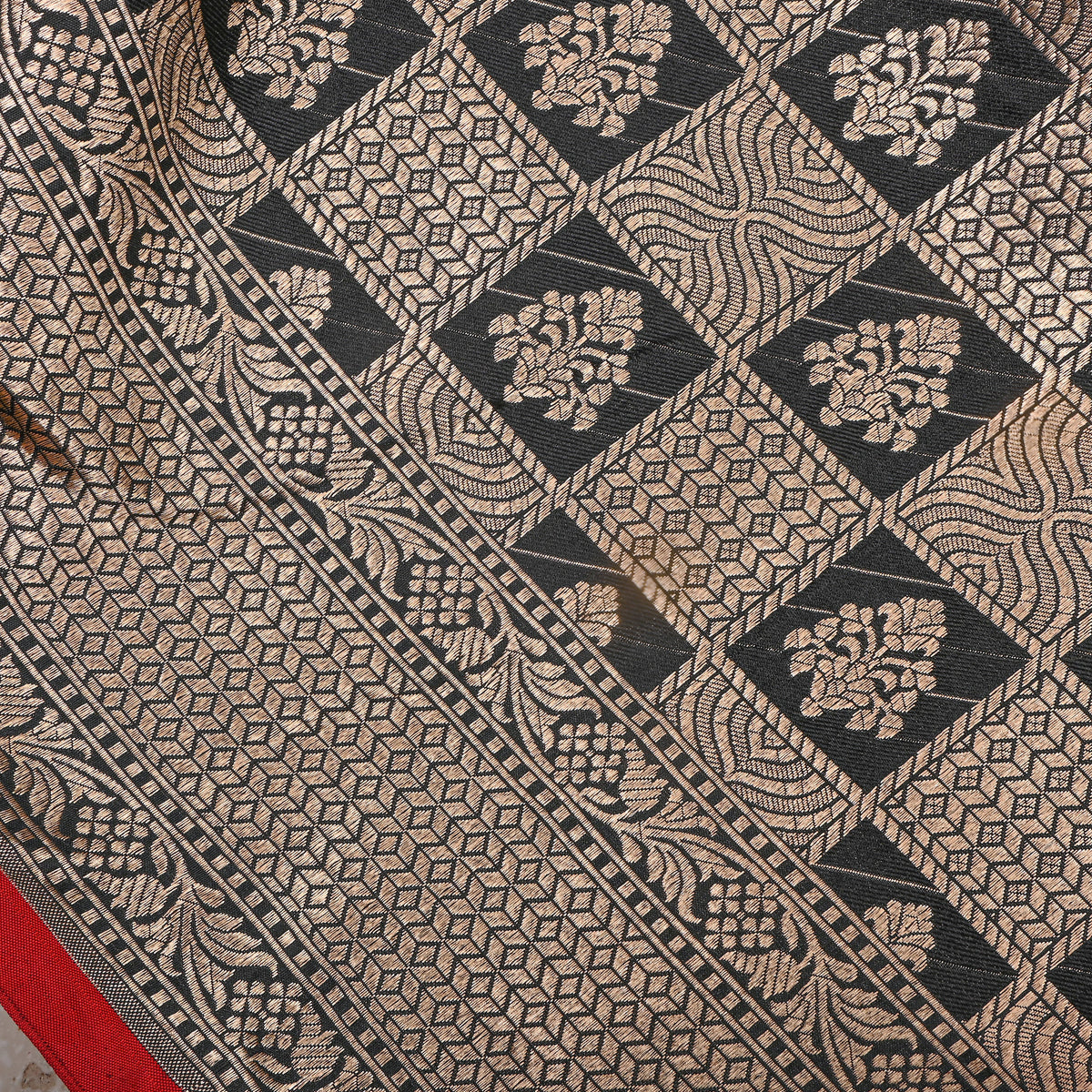 Charcoal Gold Zari Geometric Check Jamawar Silk Fabric