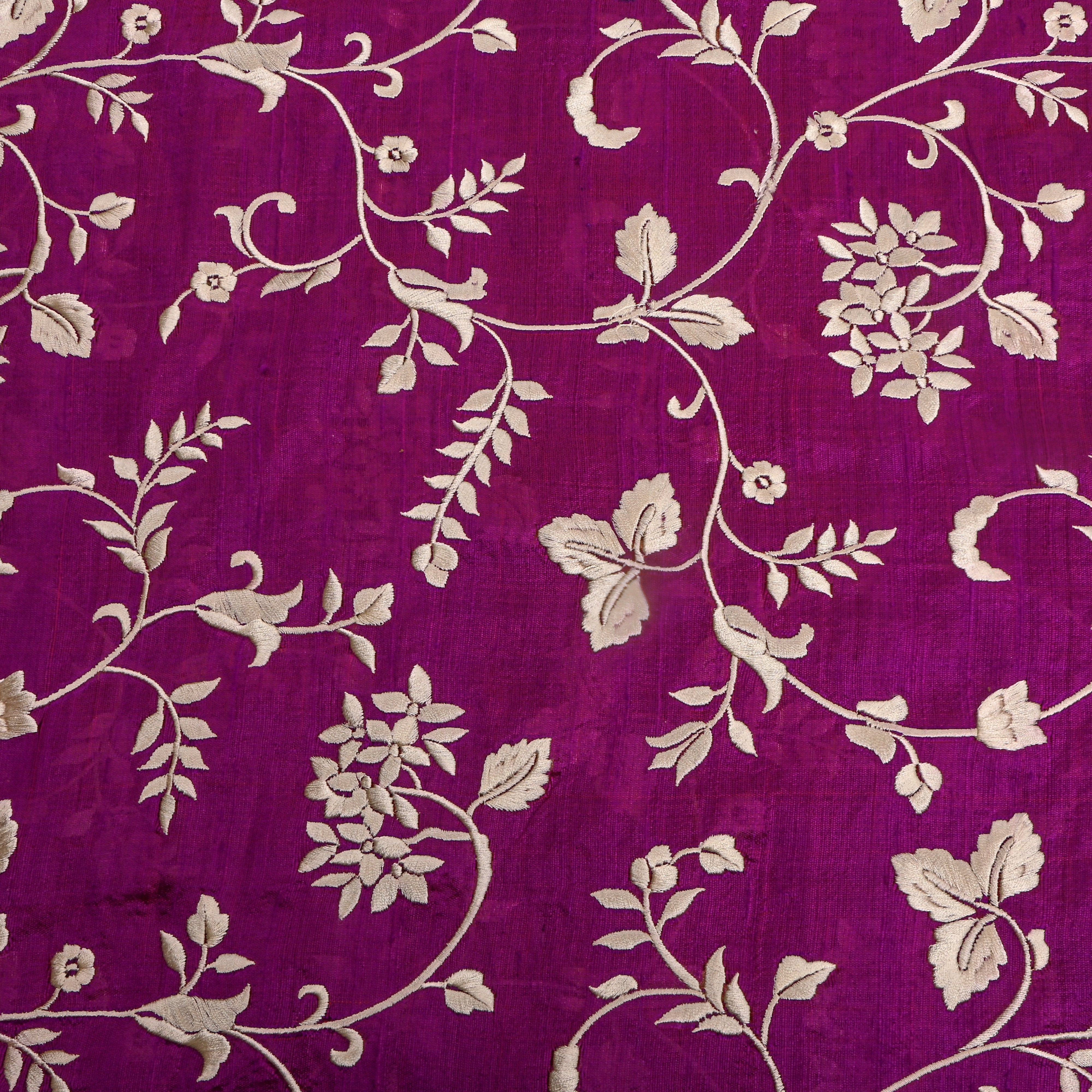Purple With Beige Thread Work Embroidet R Aw Silk Fabric