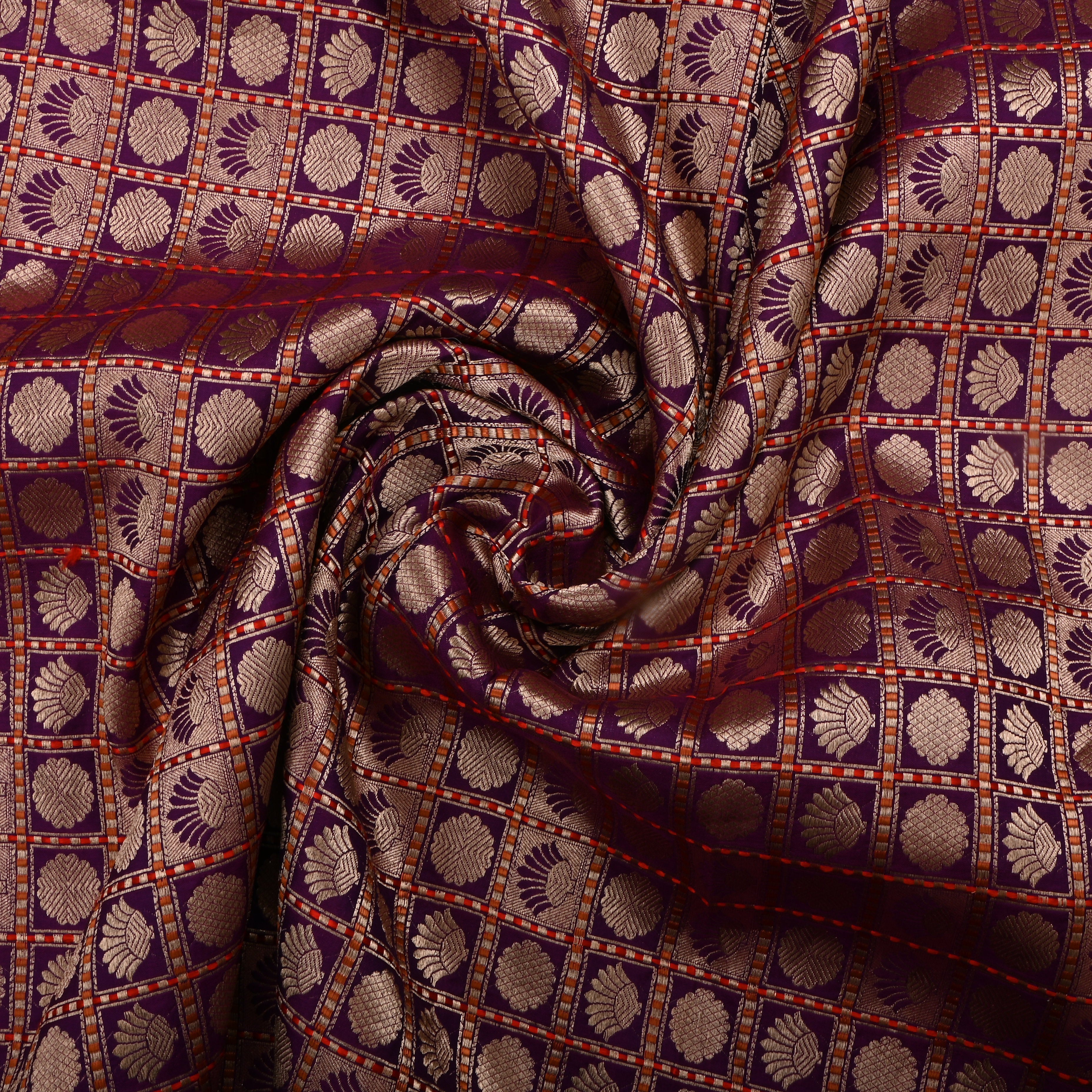 Very Dark Purple Jamawar Silk Fabric With Checks Pattern