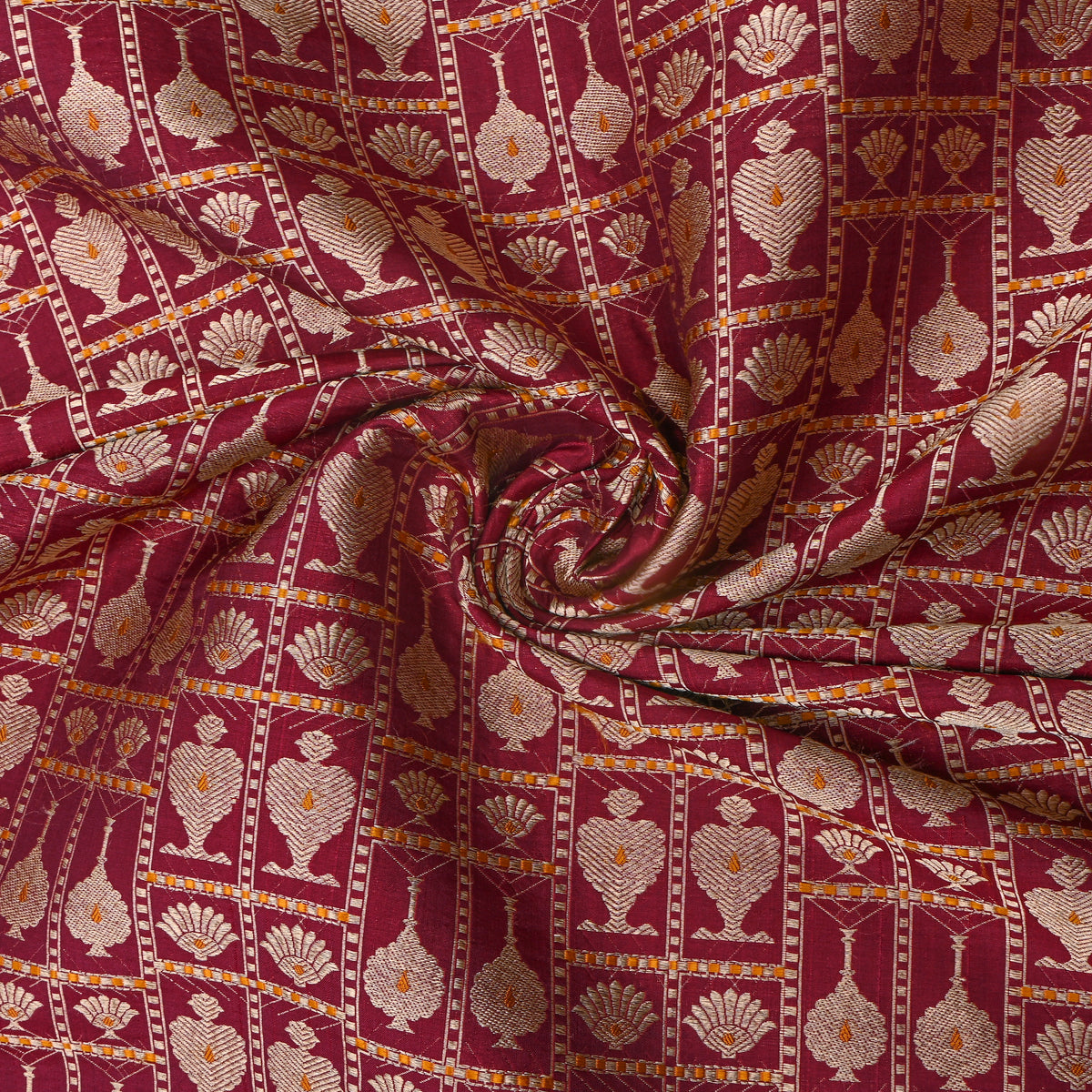 Rich Wine Maroon Jamawar Silk Fabric With Gold Zari Brocade