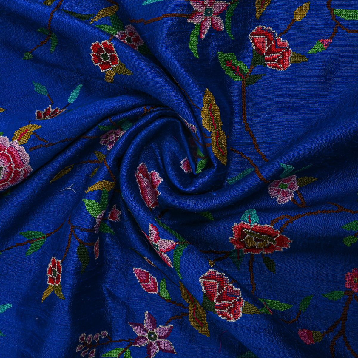Dark Blue With Coloueful Floral Jaal Thread Woek Raw Silk Fabric