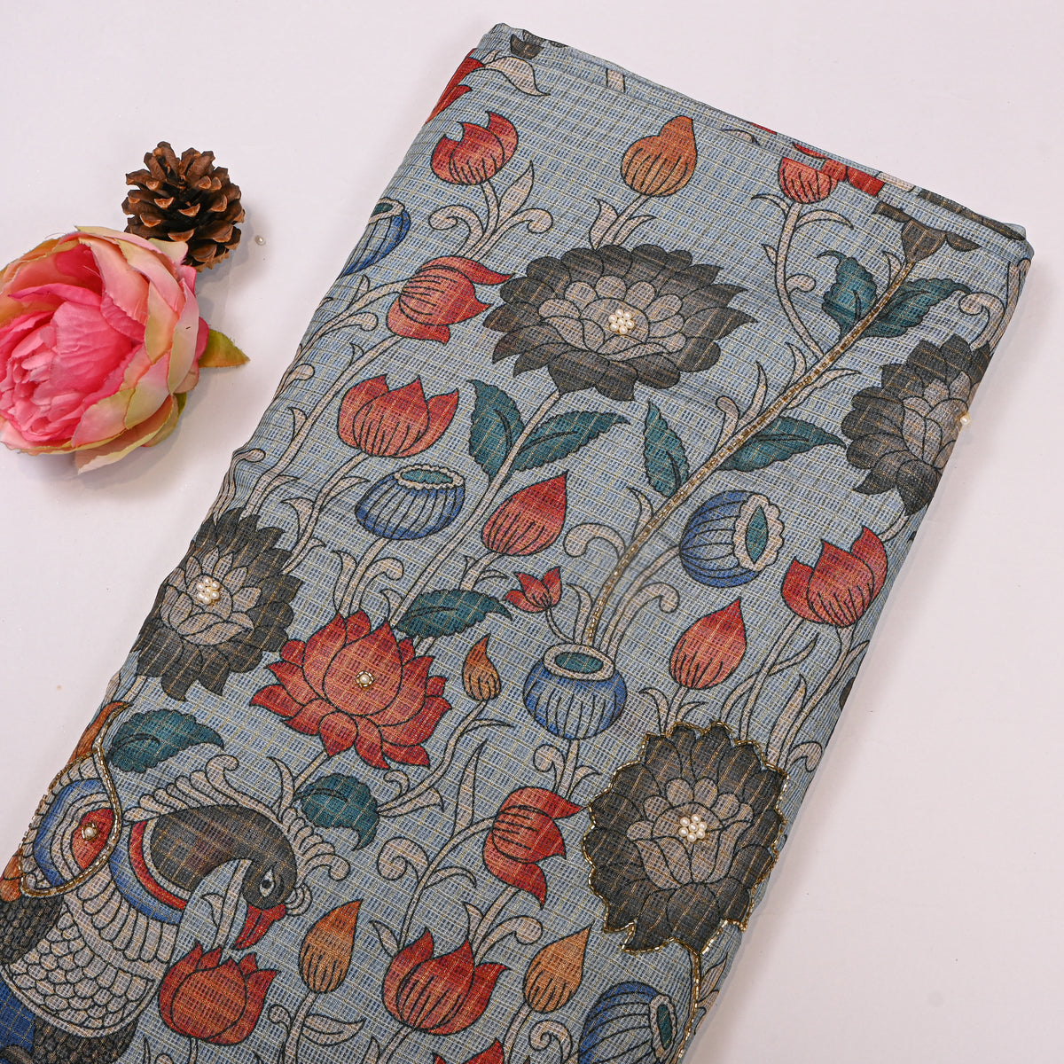 Chambray Floral Bird Print Embroidered Kota Doria Fabric